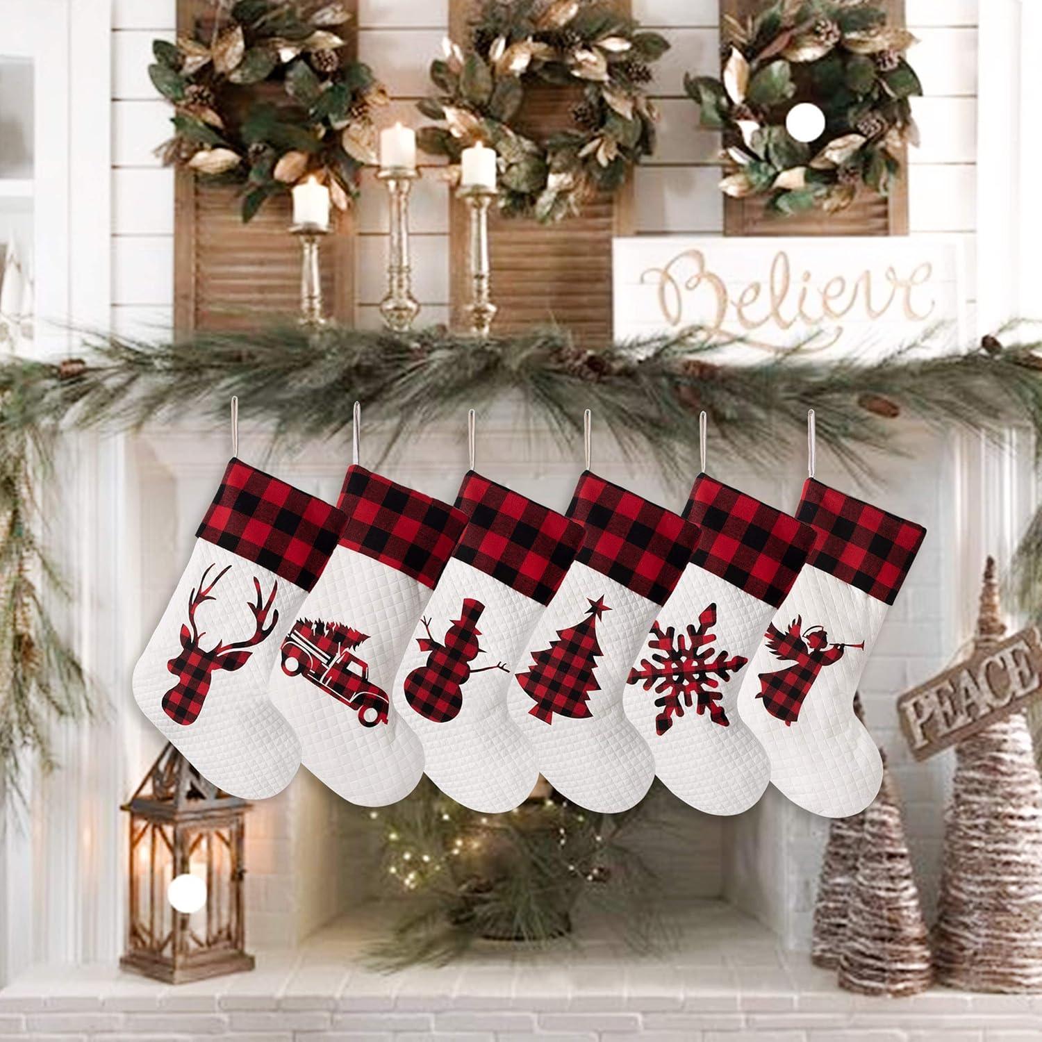 Set of 6 Red Plaid and White Quilted Christmas Stockings