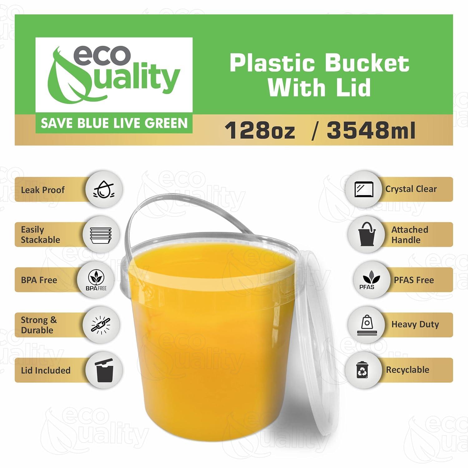 1 Gallon (128 oz) Clear Plastic Bucket with Lid and Handle (3 Pack), Ice Cream Tub with Lids - Food Grade Freezer and Microwave Safe Food Storage Containers, Round Plastic Pail Container, BPA