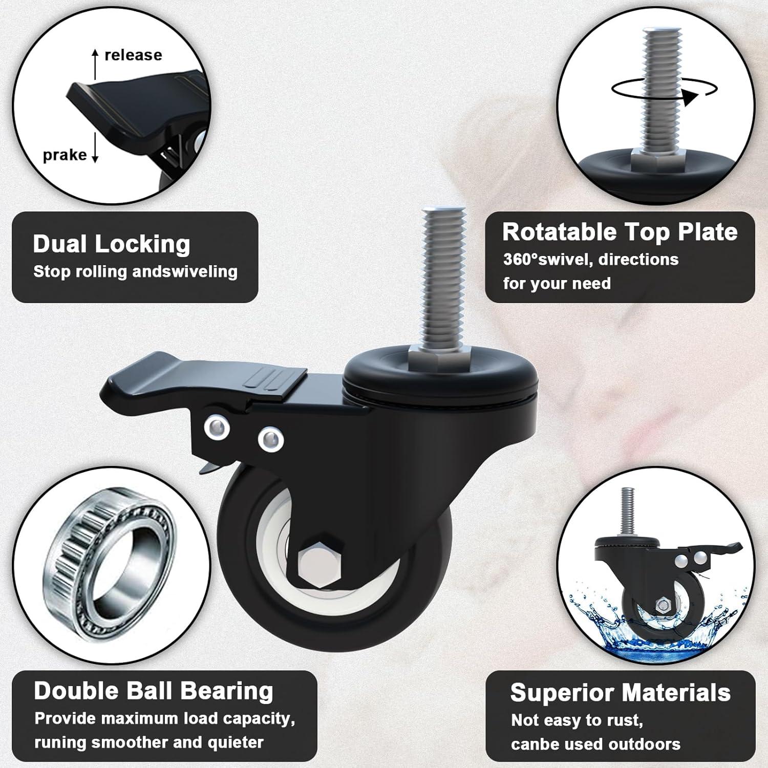 Heavy Duty Black 2" Swivel Stem Casters with Brake Lock