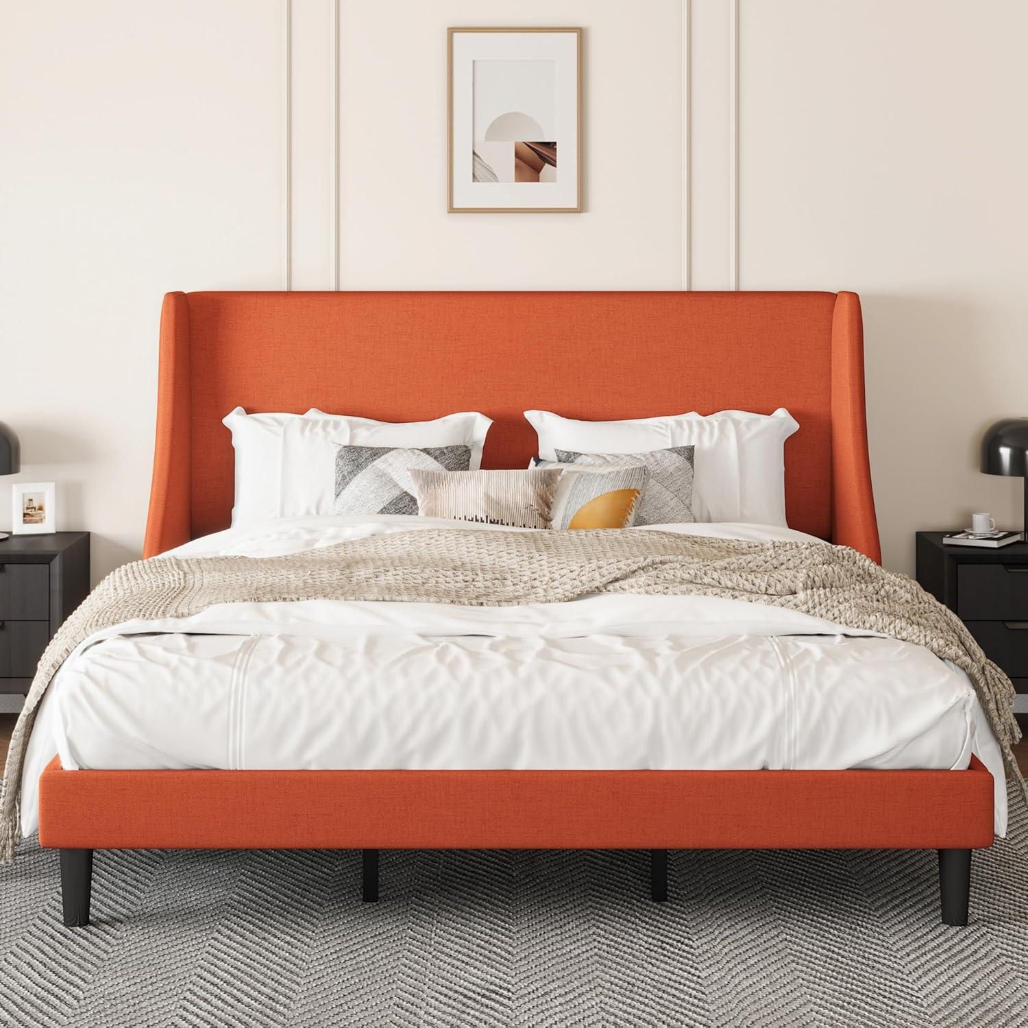 SHA CERLIN Upholstered Bed Frame King Size with Streamlined Wingback Headboard, Breathable Linen Fabric, Solid Wooden Slats, Easy Assembly, Orange