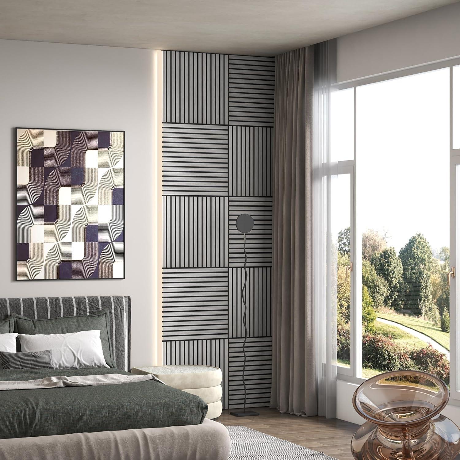 HOMCOM 4 Pack 3D Faux Wood Wall Panels, 24" x 24" Sound Absorbing Acoustic Panels, Wood Slat Wall Panels for Interior Wall Decor, Ceiling, Walnut