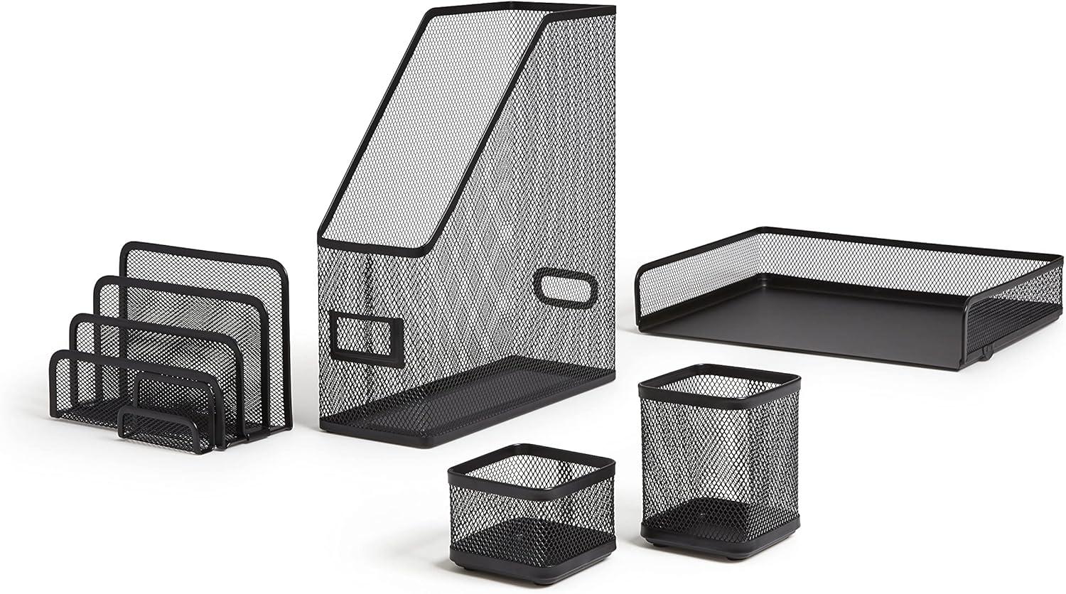 Matte Black Metal Mesh 5-Piece Desk Organizer Set