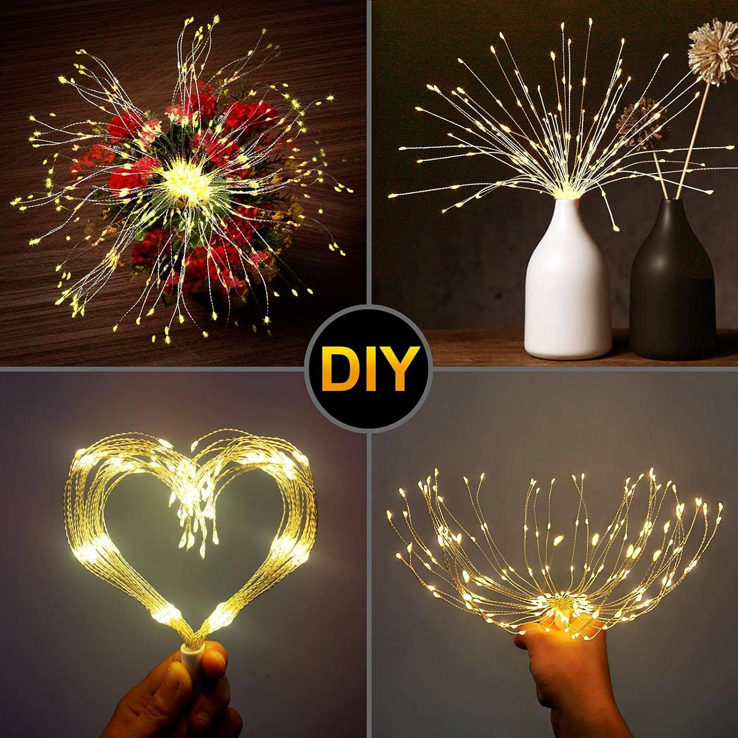 Firework Lights 200 LED Copper Wire Starburst Light, 8 Modes Battery Operated Fairy Star Sphere Lights with Remote, Warm White Hanging Ceiling Decorations for Bedroom, Christmas, Party 2 Pack