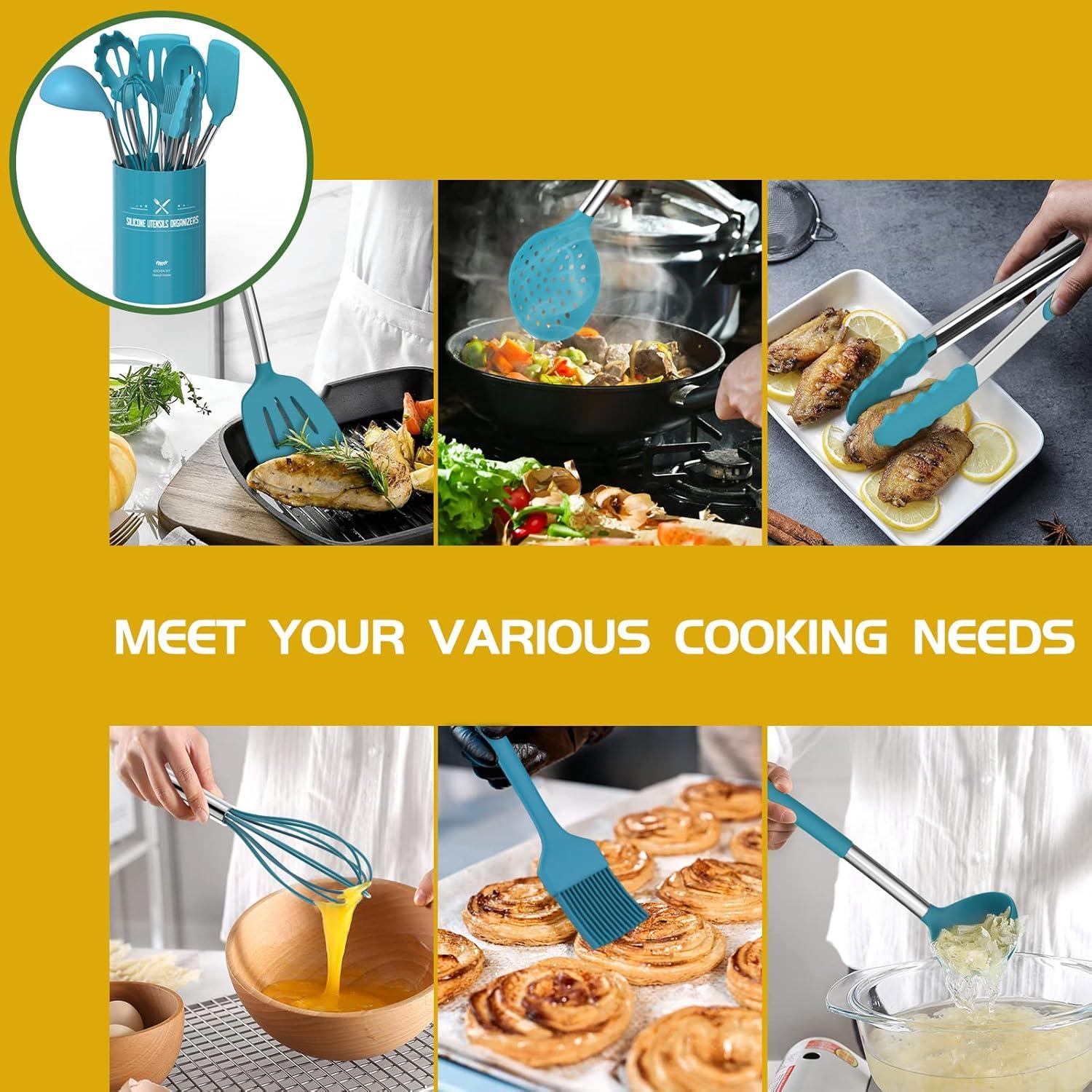 15 PCS Silicone Kitchen Cooking Utensils Set, Heat-Resistant Utensil Set with Premium Stainless Handles for Cooking and Baking, Non-Stick Spatula Kitchen Gadgets Cookware Set(Blue)