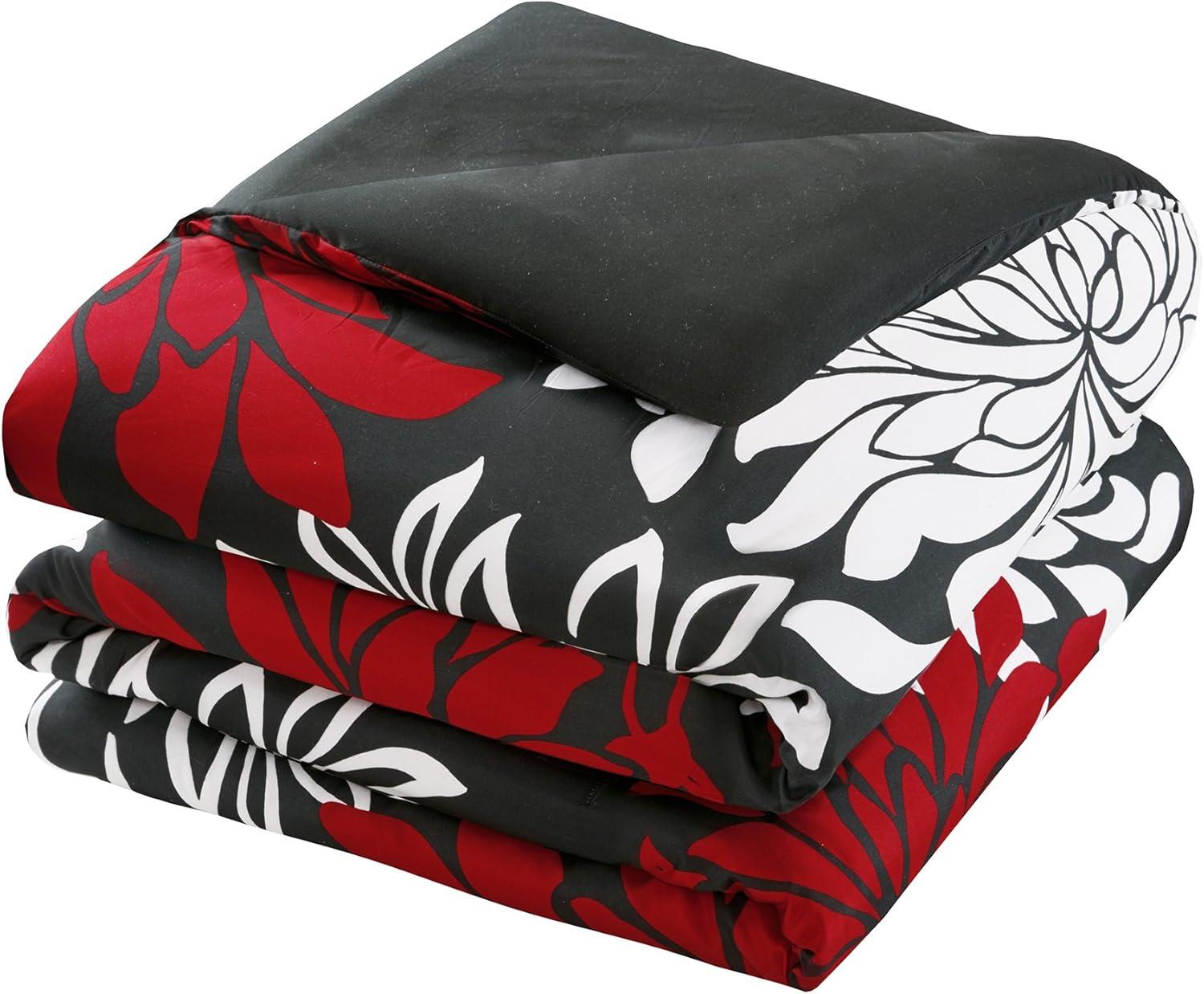 Comfort Spaces Queen Size Comforter Set, 5-Piece Floral Bedding Set for All Season, Red/Black Queen Comforter Set with Bed Skirt