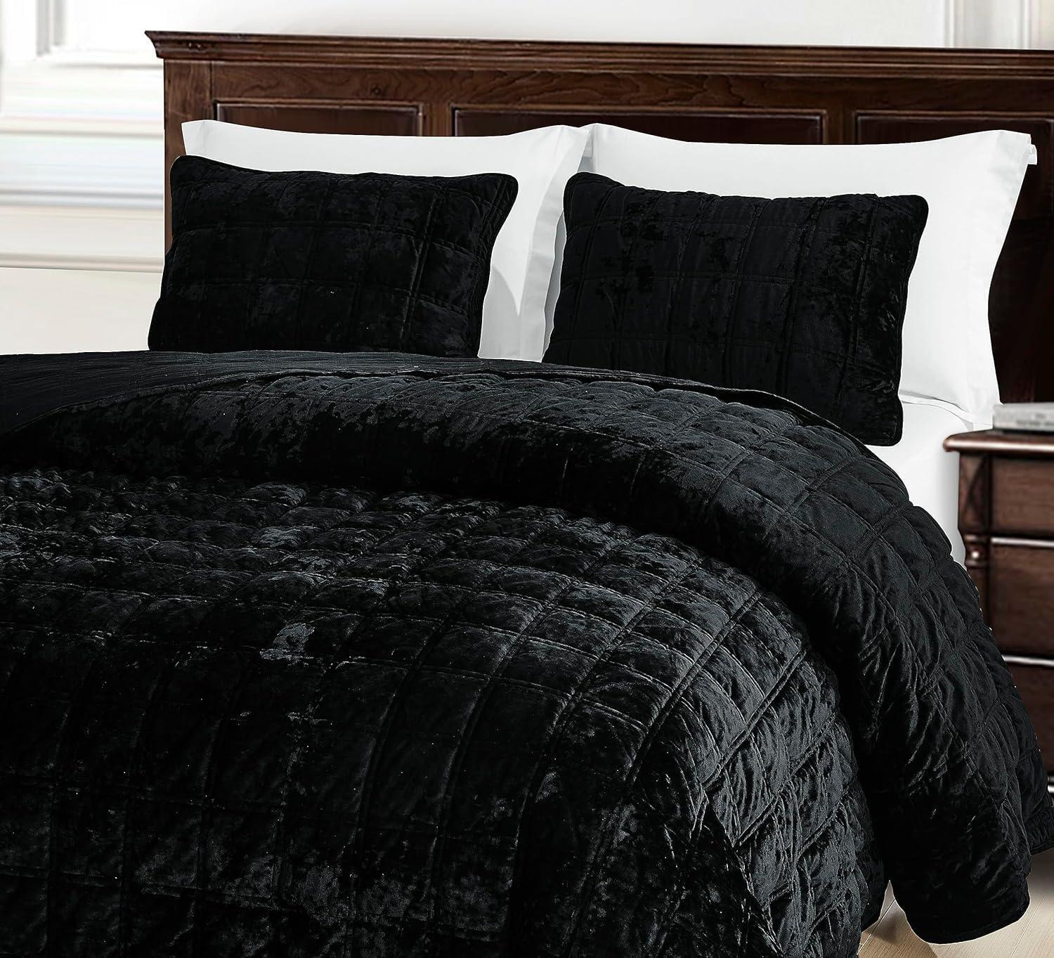 Oversized King Black Velvet Reversible Quilt Set