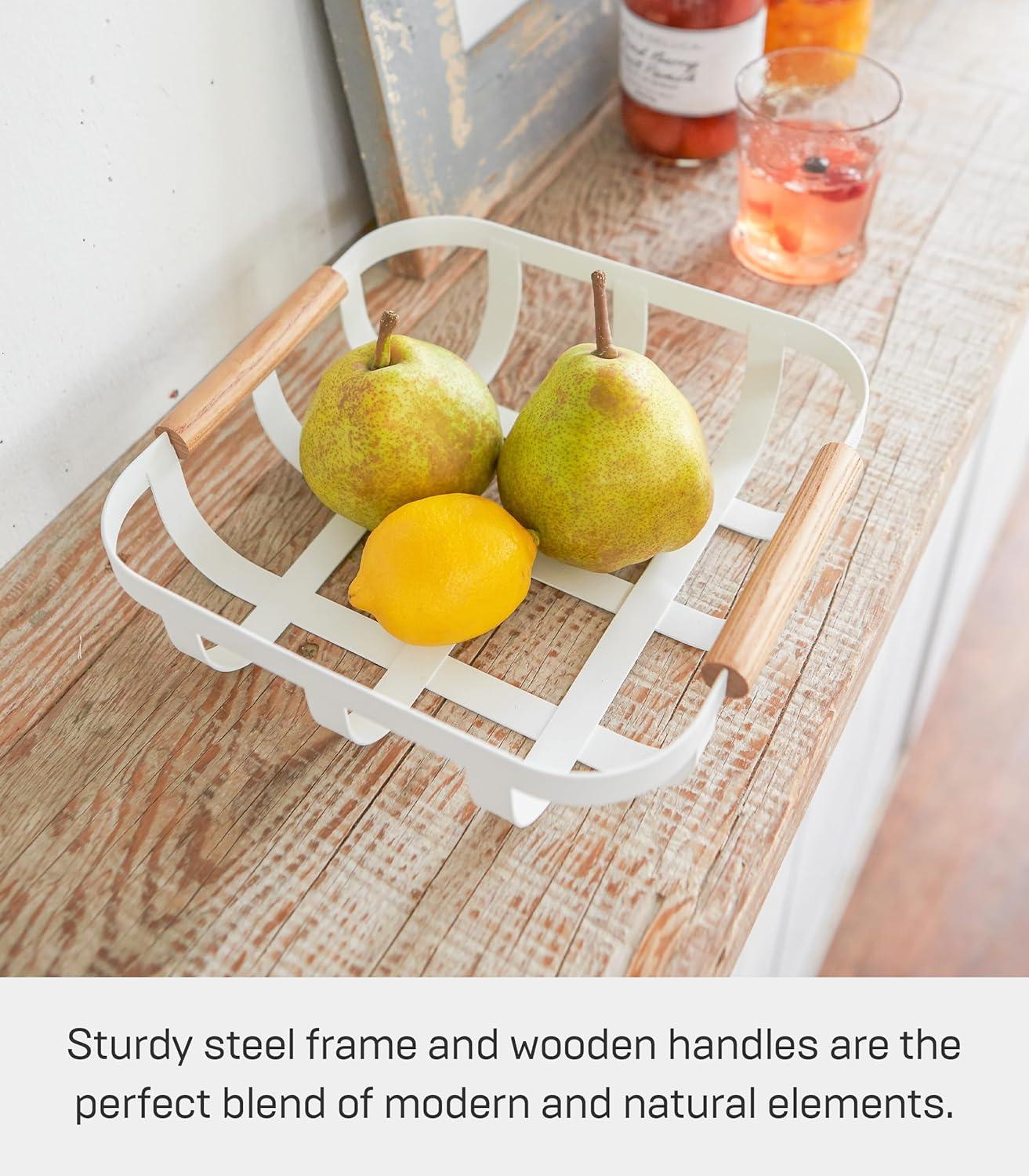 Tosca Yamazaki Home Fruit Basket, Kitchen Decorative Metal Holder Bowl, Steel + Wood, Handles