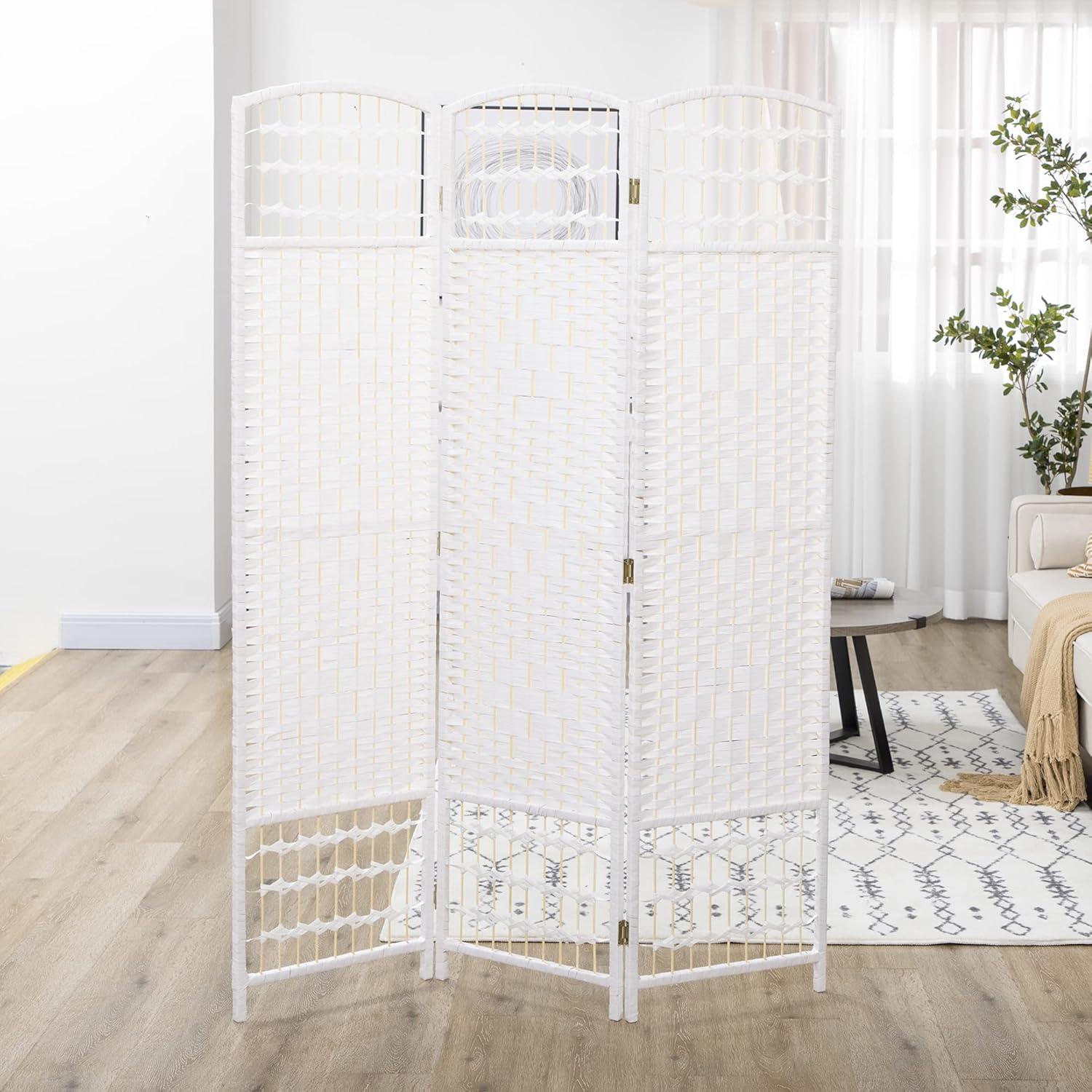 White Wave Fiber Freestanding Partition Wall Divider, 3 Panel Room Separator, Folding Privacy Screen, 5.6'