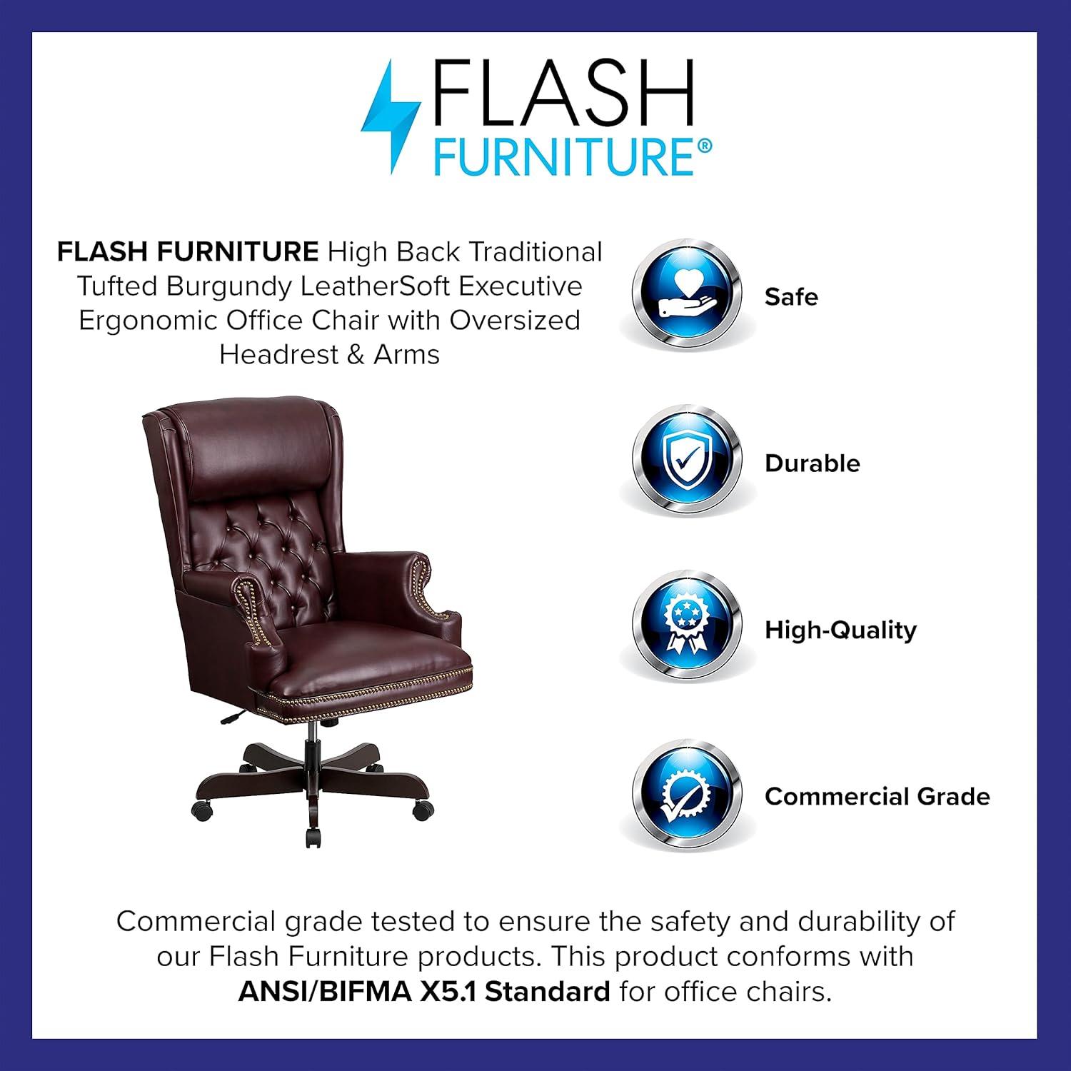 Flash Furniture Ainslie High Back Traditional Tufted Burgundy LeatherSoft Executive Ergonomic Office Chair with Oversized Headrest & Arms