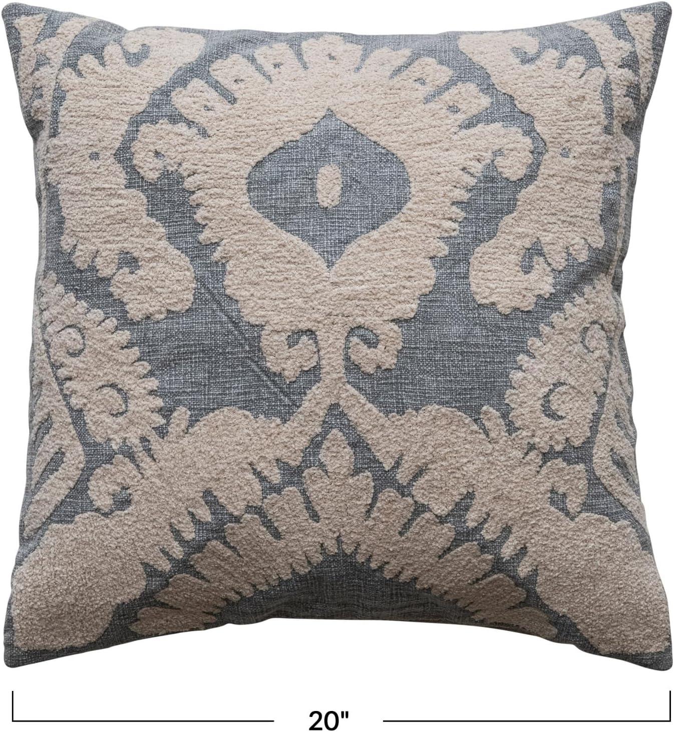 Creative Co-Op Square Cotton Slub Tufted Pillow with Damask Pattern and Chambray Back, Blue and Cream