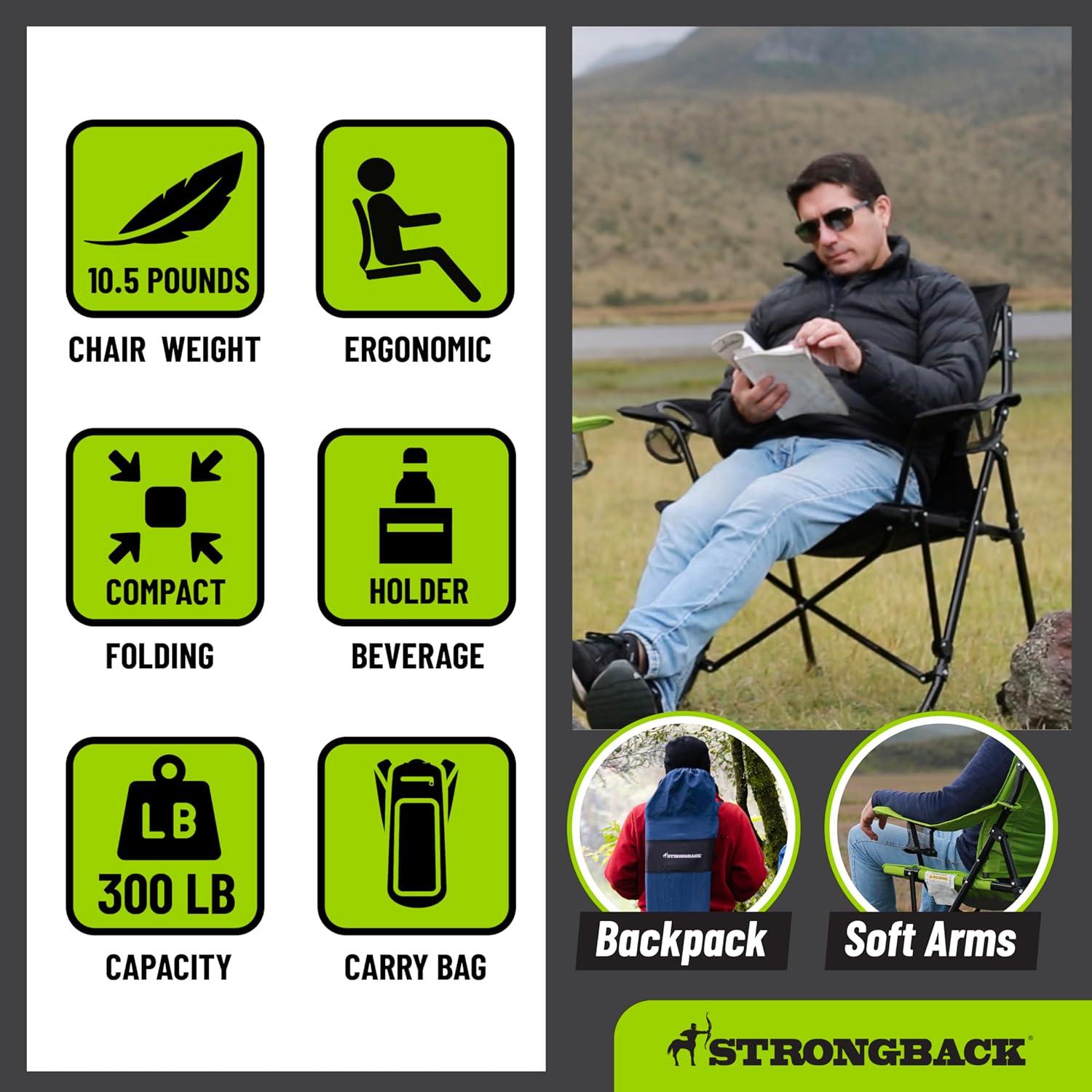 STRONGBACK Camping Chair Guru 3.0 Heavy Duty Camping Chairs with Lumbar Support, Backpack Folding Camp Chair, Lime Green/Gray