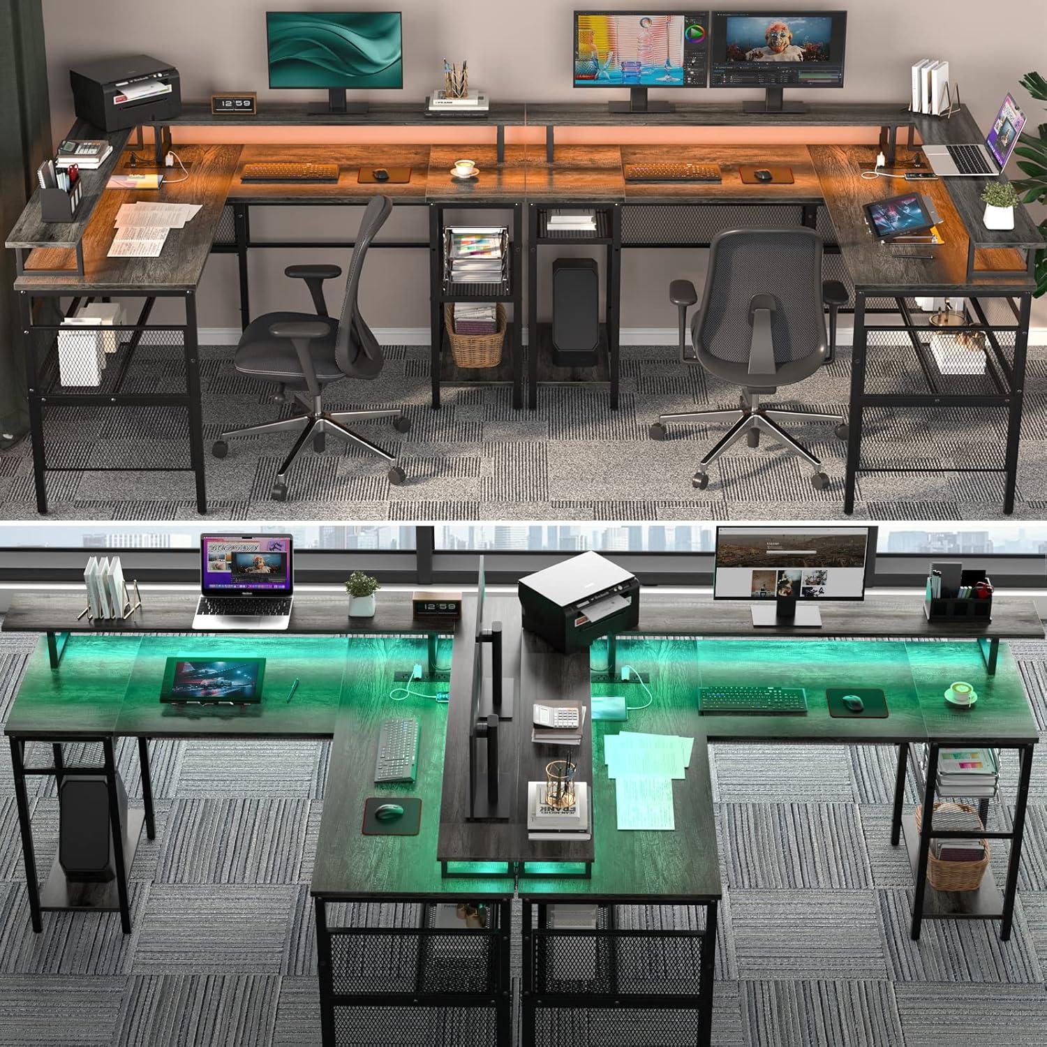 Unikito Reversible L Shaped Desk with Power Outlets and RGB LED Light, Sturdy Computer Desk with Ergonomic Monitor Stand and Storage Shelves, Corner Desk for Home Office, Easy Assembly, Black Oak