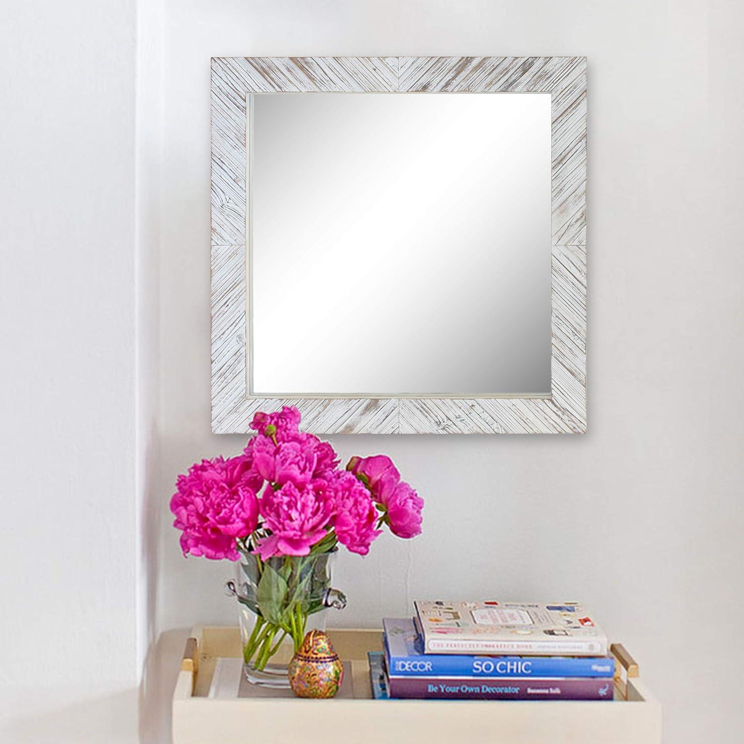 Stonebriar Brown 20" x 20" Square Textured Worn White Wooden Chevron Hanging Wall Mirror with Attached Mounting Brackets, Decorative Decor for the Living Room, Bedroom, Bathroom, Hallway, and Entryway