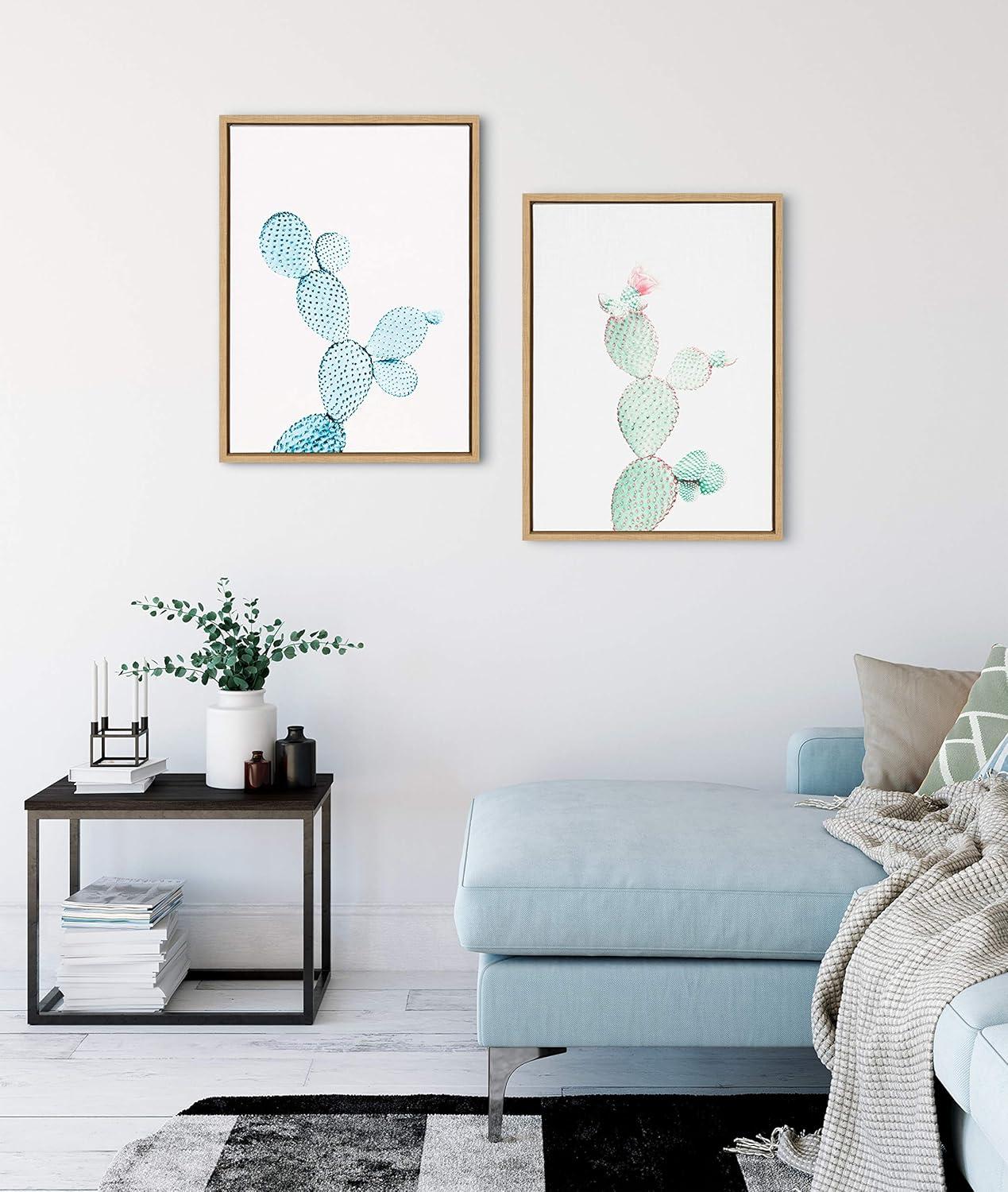 Kate and Laurel Sylvie Blue Cactus Framed Canvas by Simon Te Tai, 18x24, Natural