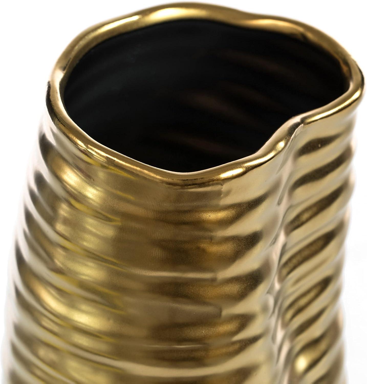 Mercer41 Baftjar 9-Inch Tall Ceramic Bent Melted Modern Style Sculpture Table Centerpiece Flower Vase, a Unique and Decorative Vase in an Elegant Gold Finish, Perfect for Adding Sophistication to Home or Office Décor