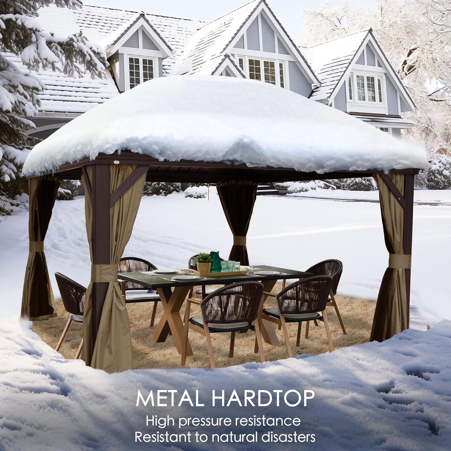 Arlmont & Co. Istref 10x12 Dark Brown Double Roof Hardtop Gazebo with Curtain and Mosquito Netting