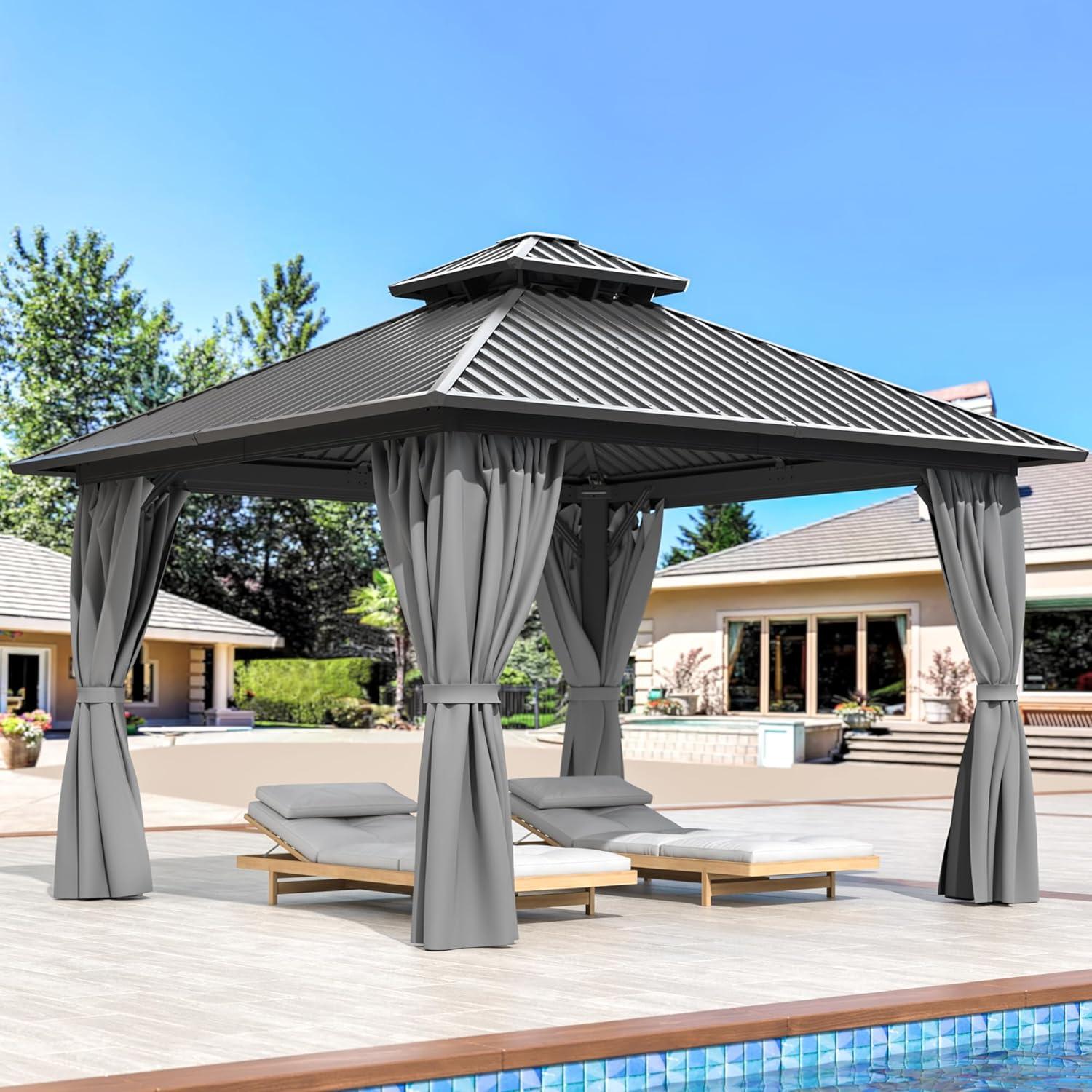 10x10 Gray Aluminum and Steel Hardtop Gazebo with Curtains