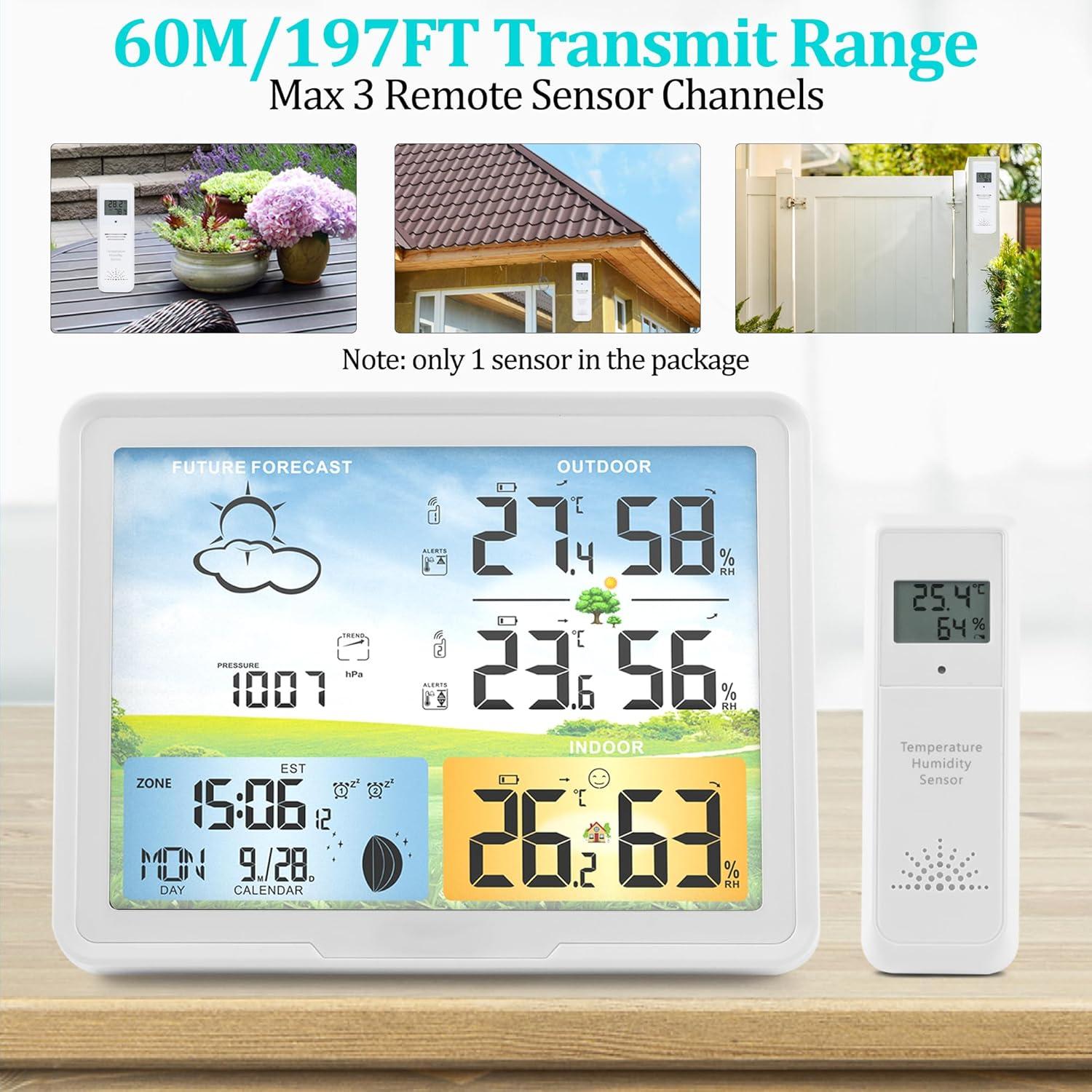 Wireless Indoor Outdoor Thermometer: Home Weather Station, Portable Digital Weather Clock Atomic with Bluetooth Color Forecast, Multiple Sensors Weather Monitor and Alarm (1 Remote)