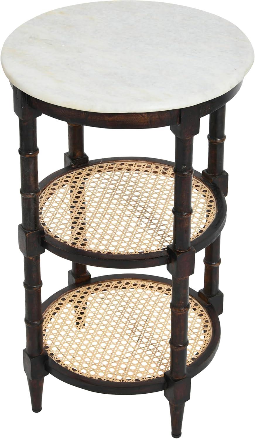 Creative Co-Op Round Solid Wood End Table with Genuine Marble Top and 2 Woven Cane Storage Shelves, Brown Stain and Natural