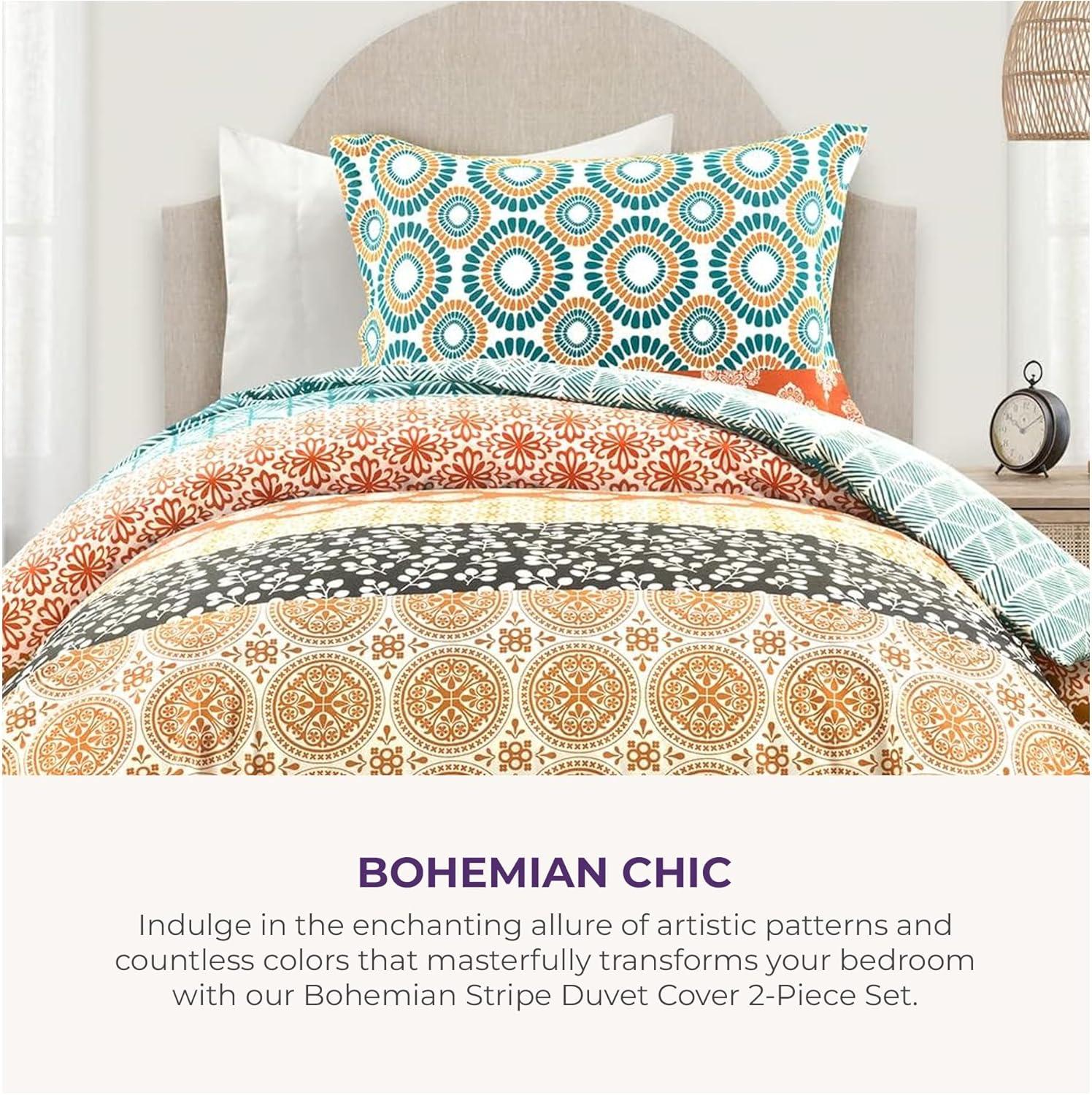 Lush Decor Bohemian Stripe Duvet Cover - Fuchsia/Orange - Full/Queen
