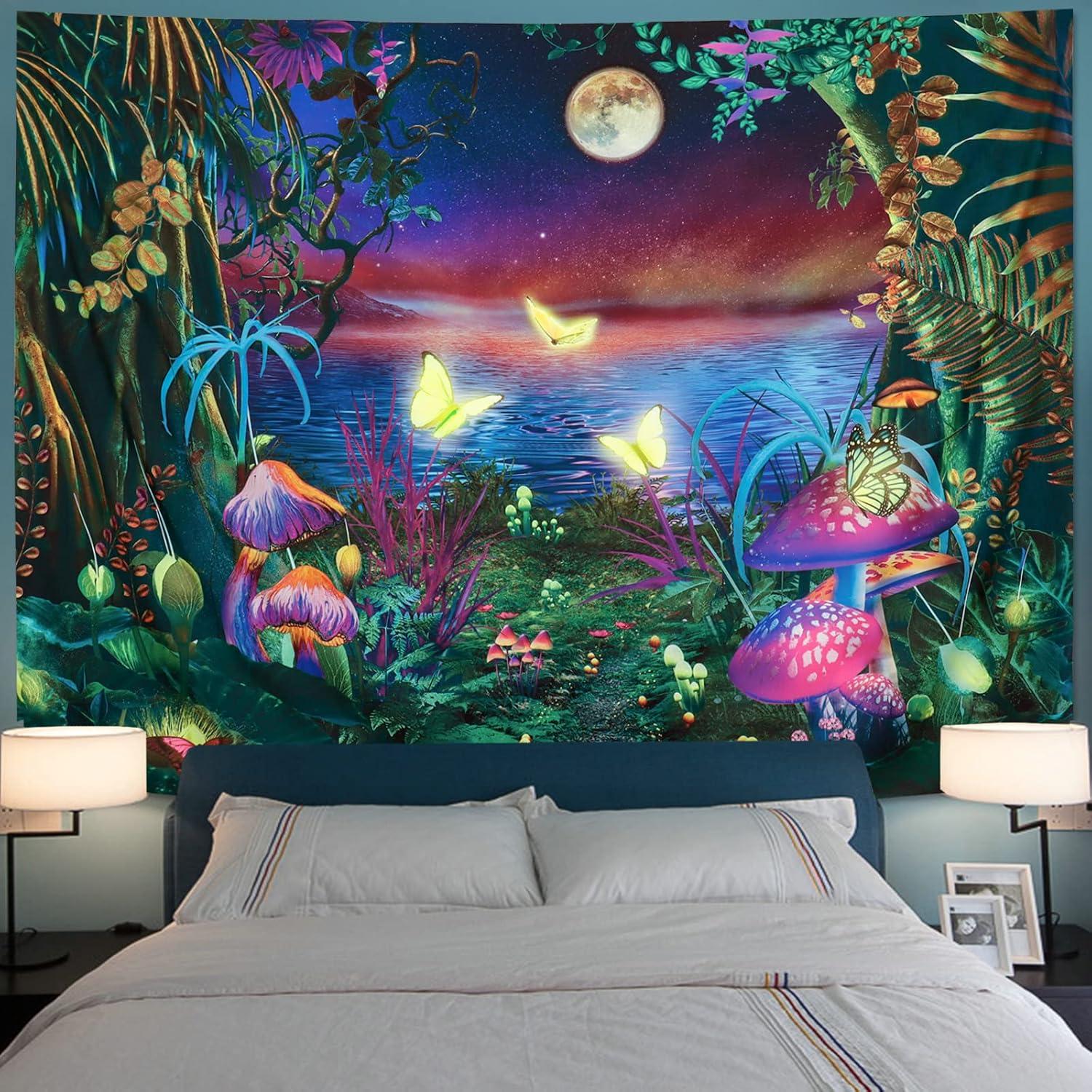 Serborlur Blacklight Fantasy Forest Tapestry Aesthetic Moon Tapestry UV Reactive Butterfly Tapestries Galaxy Space Tapestry Wall Hanging for Bedroom Living Room (59.1 × 78.7 inches)