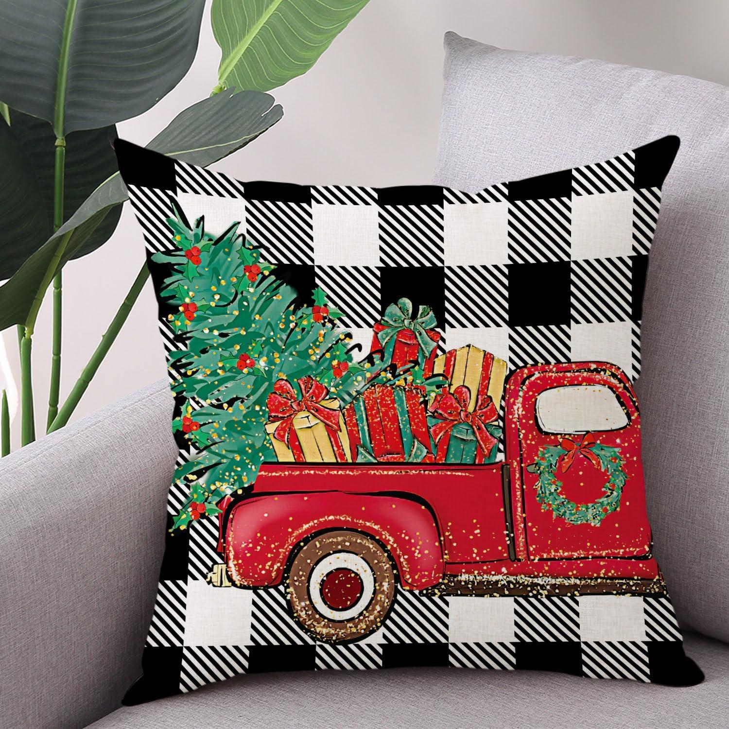 BEAUTY Merry Christmas Throw Pillow Covers 18 x 18 Inch Set of 4  Red Barn Merry & Bright Xmas Farmhouse Holiday Pillowcases for Home Outdoor Decoration CP053-18