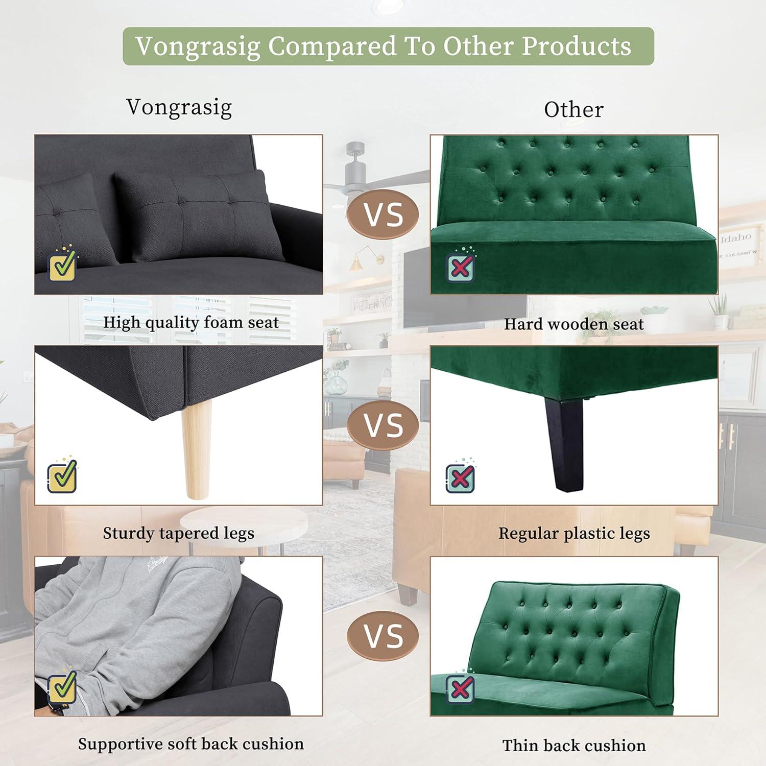 47" Black Tufted Linen Loveseat with Wood Legs