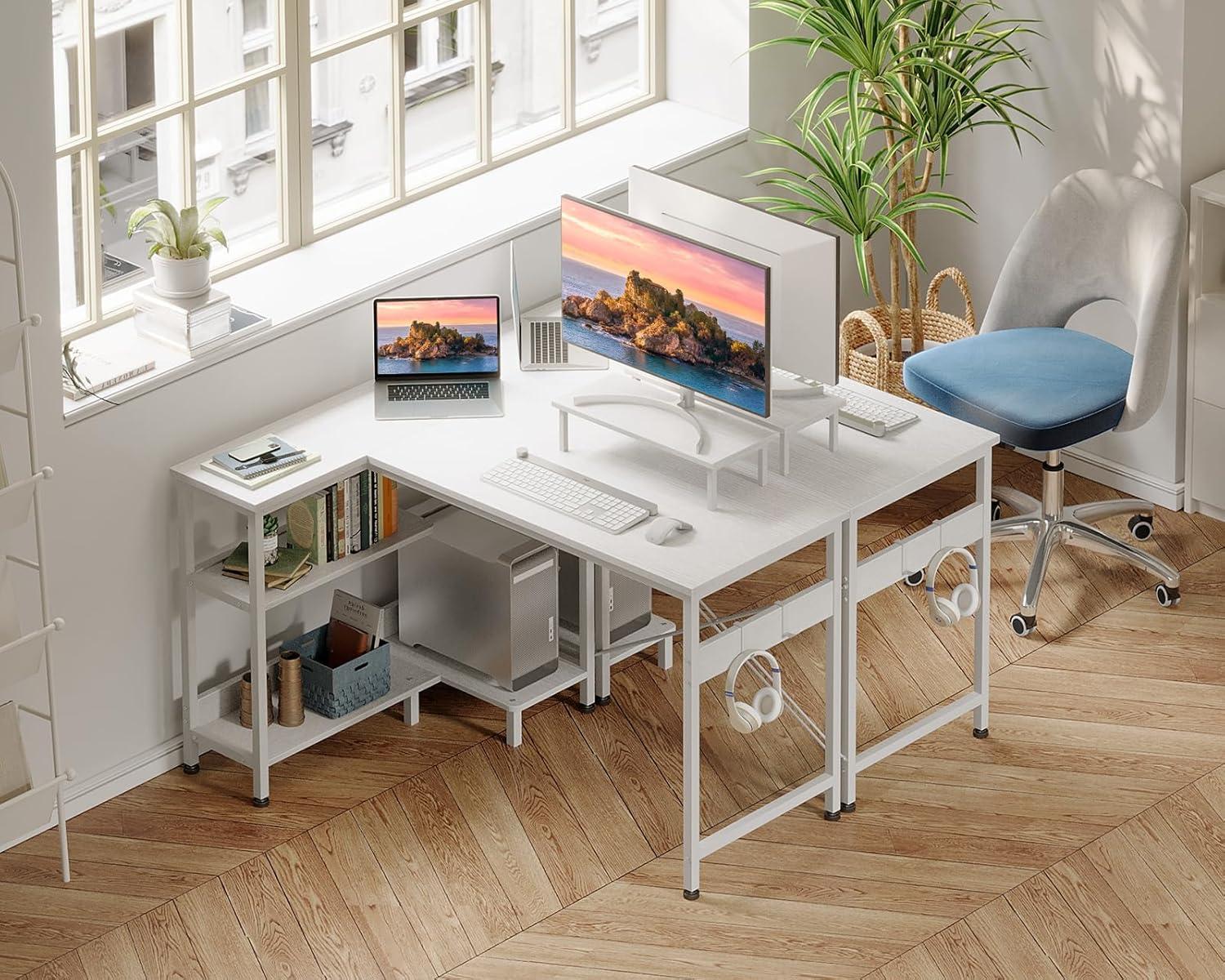 ODK 47 Inch Compact L Shaped Desk for Apartment, Living Room, Bedroom, or Office with Storage Shelves, Headphone Hook, and Monitor Stand