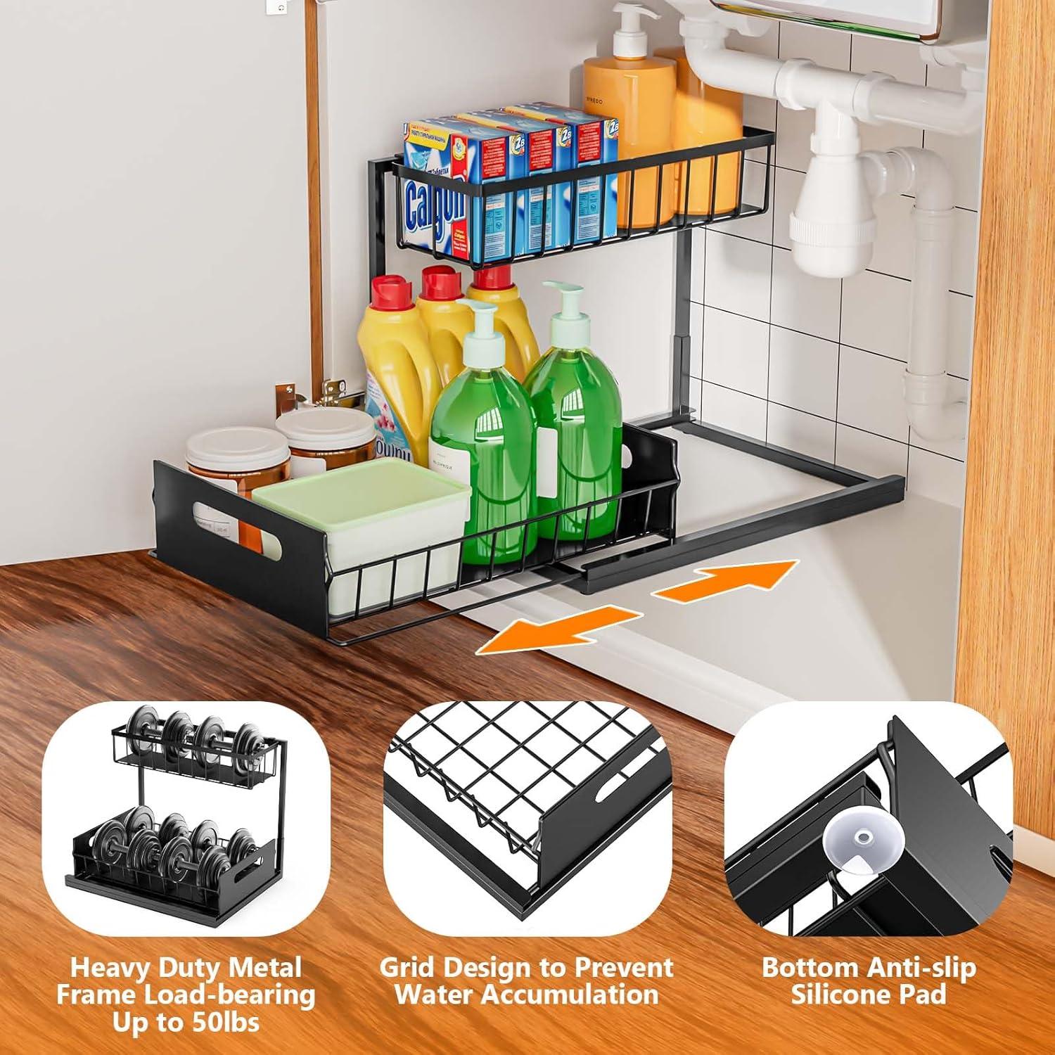 Under Sink Organizers and Storage, 2 Pack Pull Out Kitchen Bathroom Cabinet Organizer, 2 Tier Black Under Sink Storage for Bathroom Kitchen, Under Counter Storage Organizer with 8 Hooks