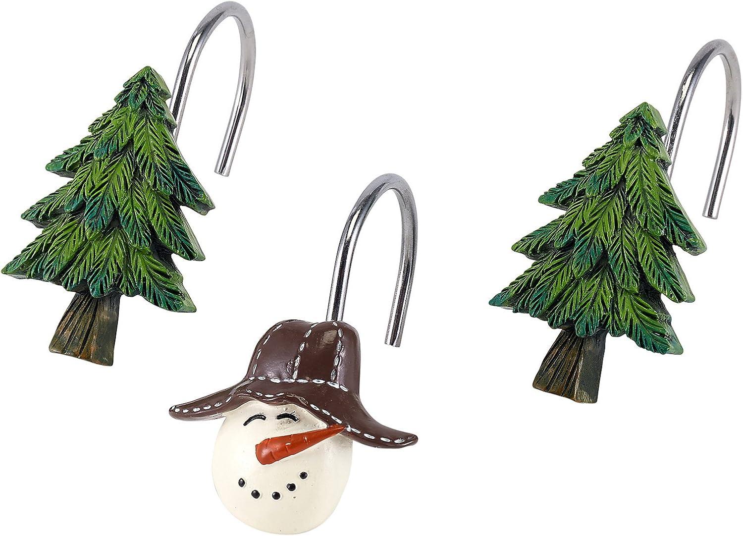 Hand-Painted Resin Snowman and Pine Tree Shower Hooks Set