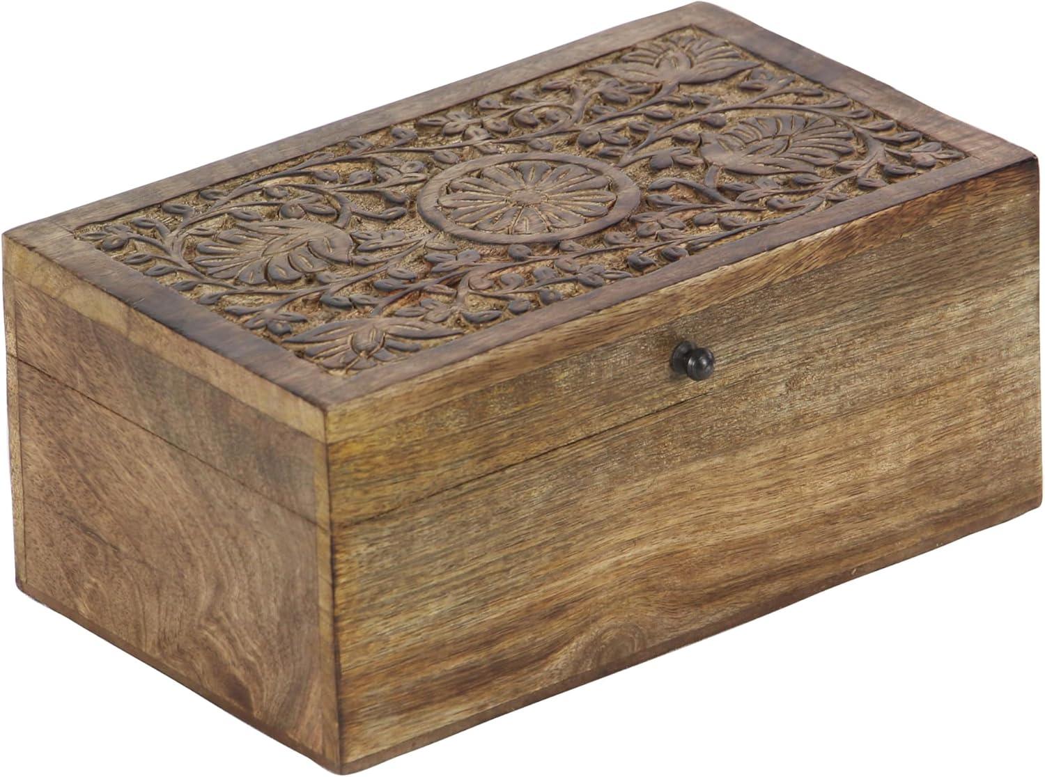 Rustic Mango Wood Floral Carved Lidded Box Set