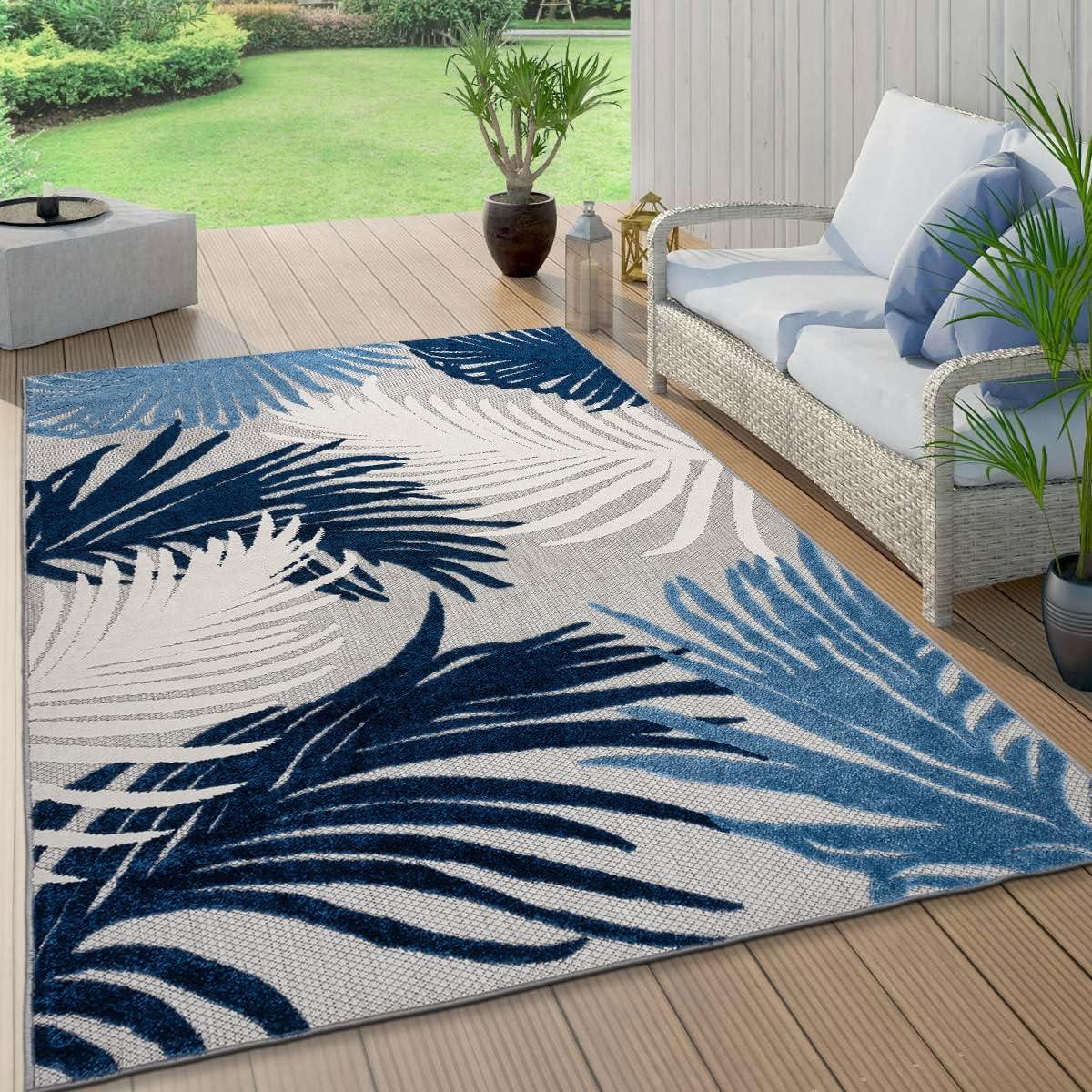 Navy and Gray Floral Synthetic Indoor/Outdoor Area Rug 6' x 9'