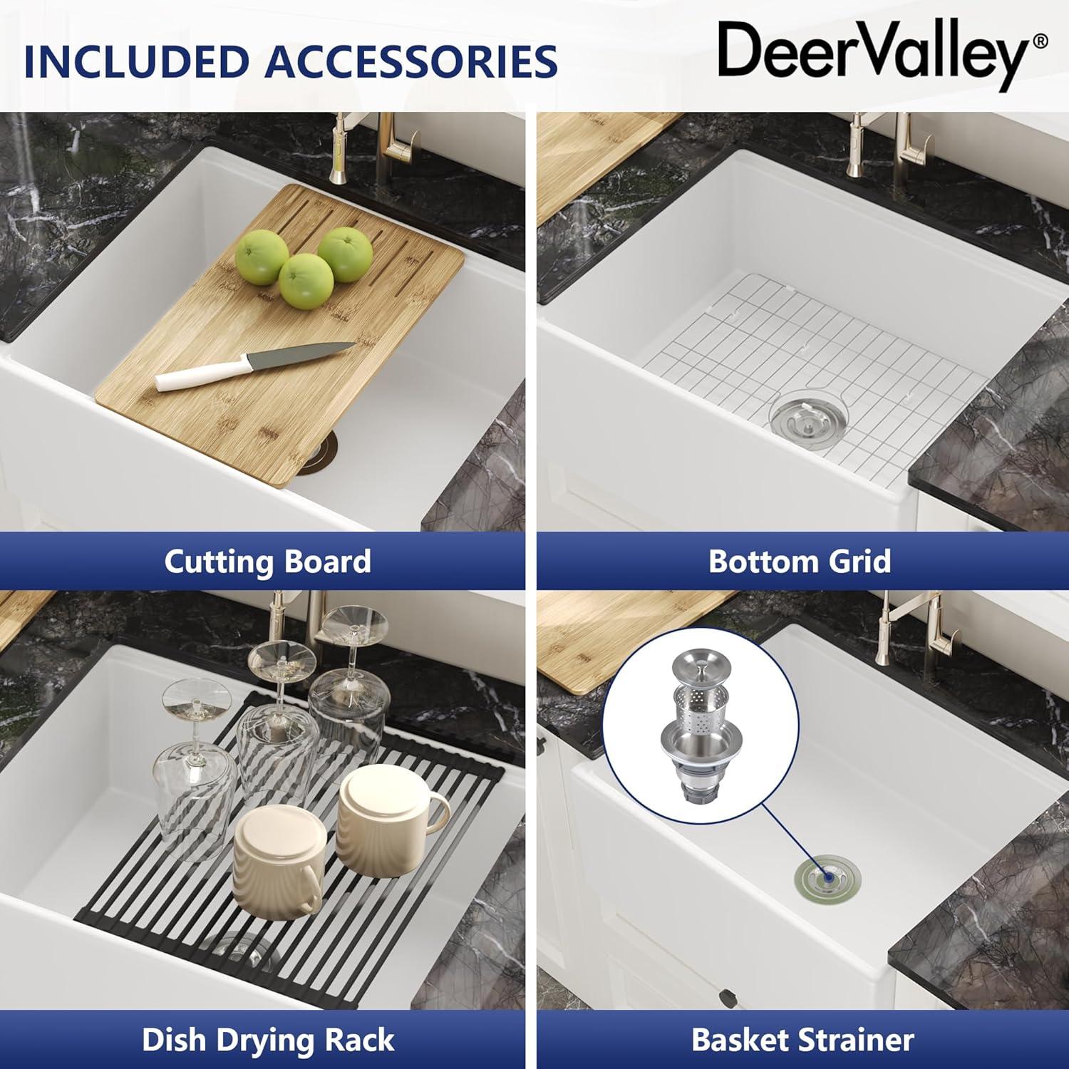 DeerValley 33" L X 20" W Single Basin Workstation Farmhouse Kitchen Sink With Sink Grid, Cutting Board And Dish-Drying Rack