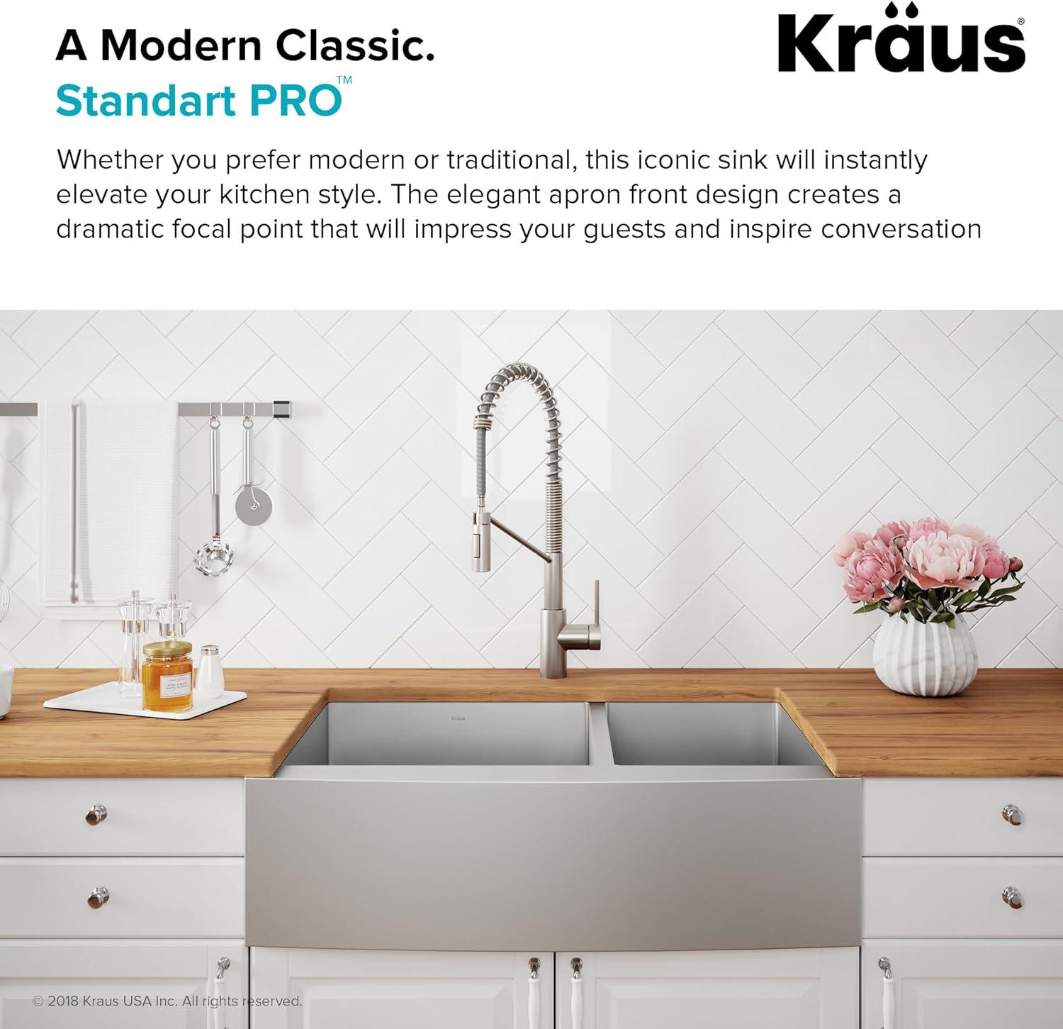 KRAUS Standart Pro Apron Front Farmhouse 16 Gauge Single Bowl Stainless Steel Kitchen Sink