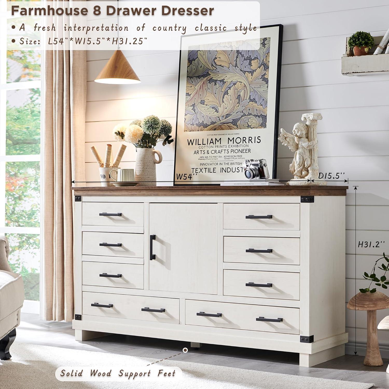 OKD Farmhouse 8 Drawer Dresser for Bedroom with Adjustable Shelf, Wood Long Chest of Drawers with Thick Plank Styling, Rustic Large Closet Dresser for Bedroom, Living Room, Antique White