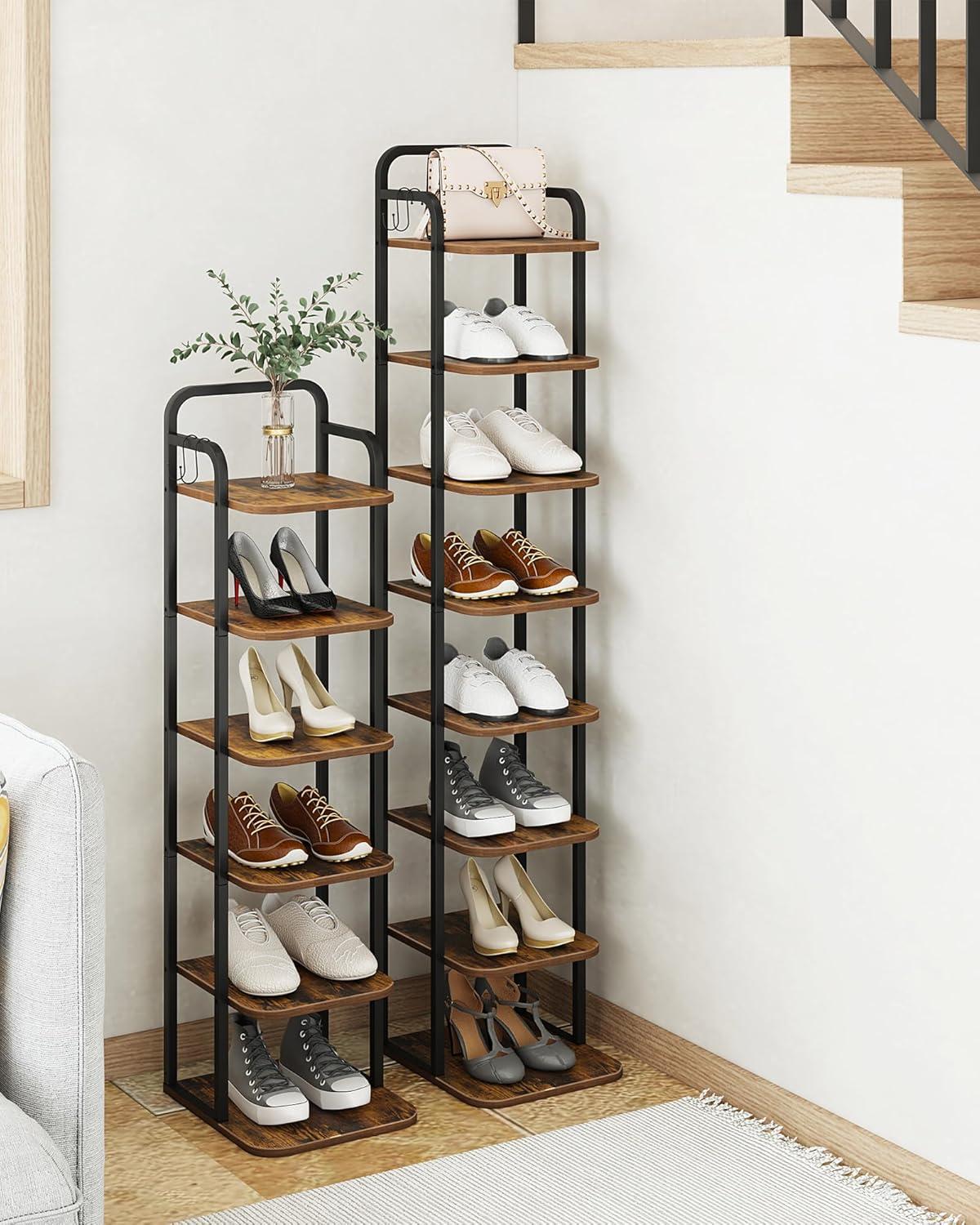Vertical Shoe Rack, Shoe Shelves, Wood Shoe Organizer For Closet, Entryway, Shoe Tower For Small Spaces, Free Standing, Adjustable, With 2 Hooks, 6 Tier Rustic Brown