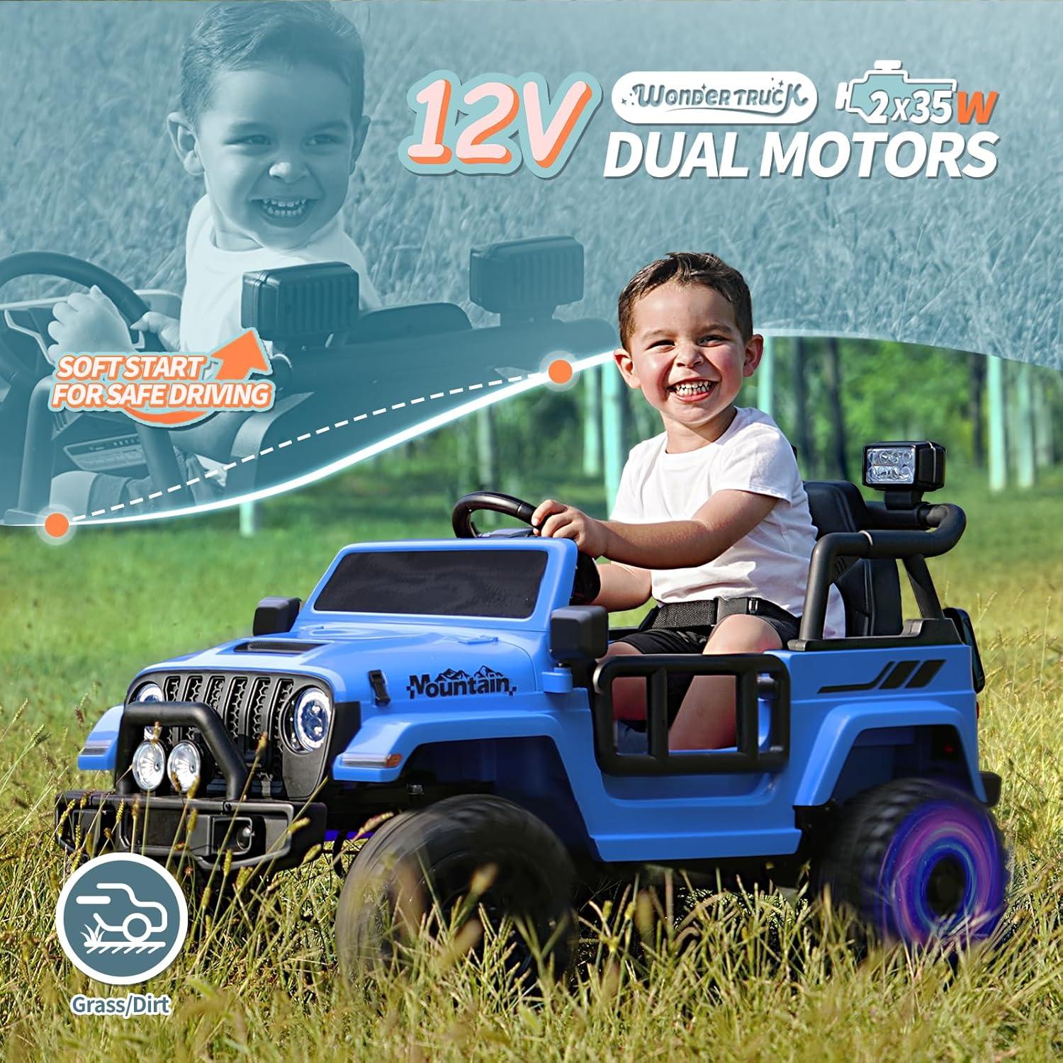 12V Kids Ride on Truck Electric Car for Kids Battery Powered Toy Car with Parent Remote Control, 4-Wheel Suspension, 3 Speeds, LED Lights,Blue