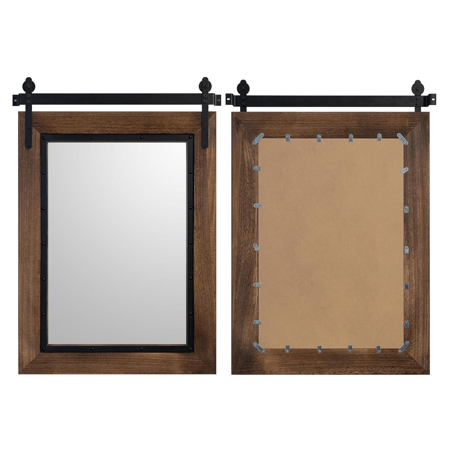 COSMOGO Farmhouse Barn Door Style Natural Wood Bathroom Vanity Wall Mirror 24"x32"
