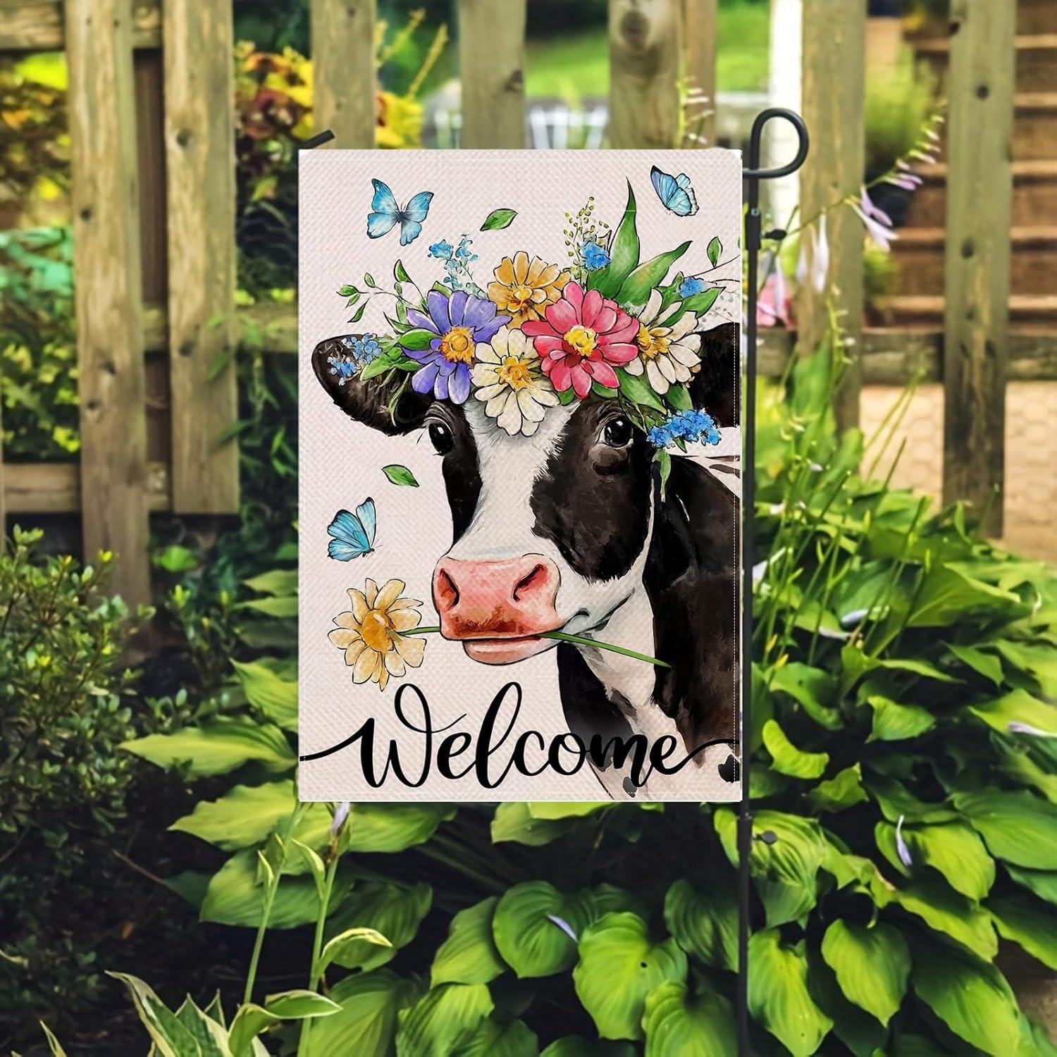 Spring Welcome Cow Garden Flag 12 x 18 inch Double Sided Outside decorations,Funny Cute Animal Flower Butterfly Small Garden Flags For Outdoor Yard Lawn