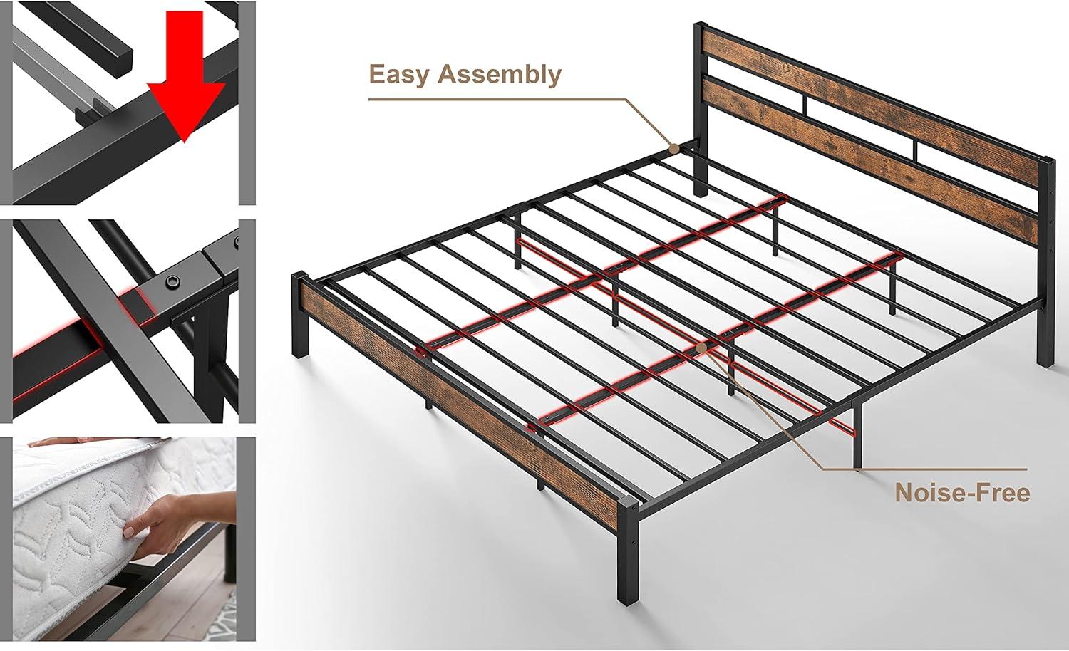 Platform Metal Bed Frame with Headboard Heavy Duty, Noise-Free, Queen