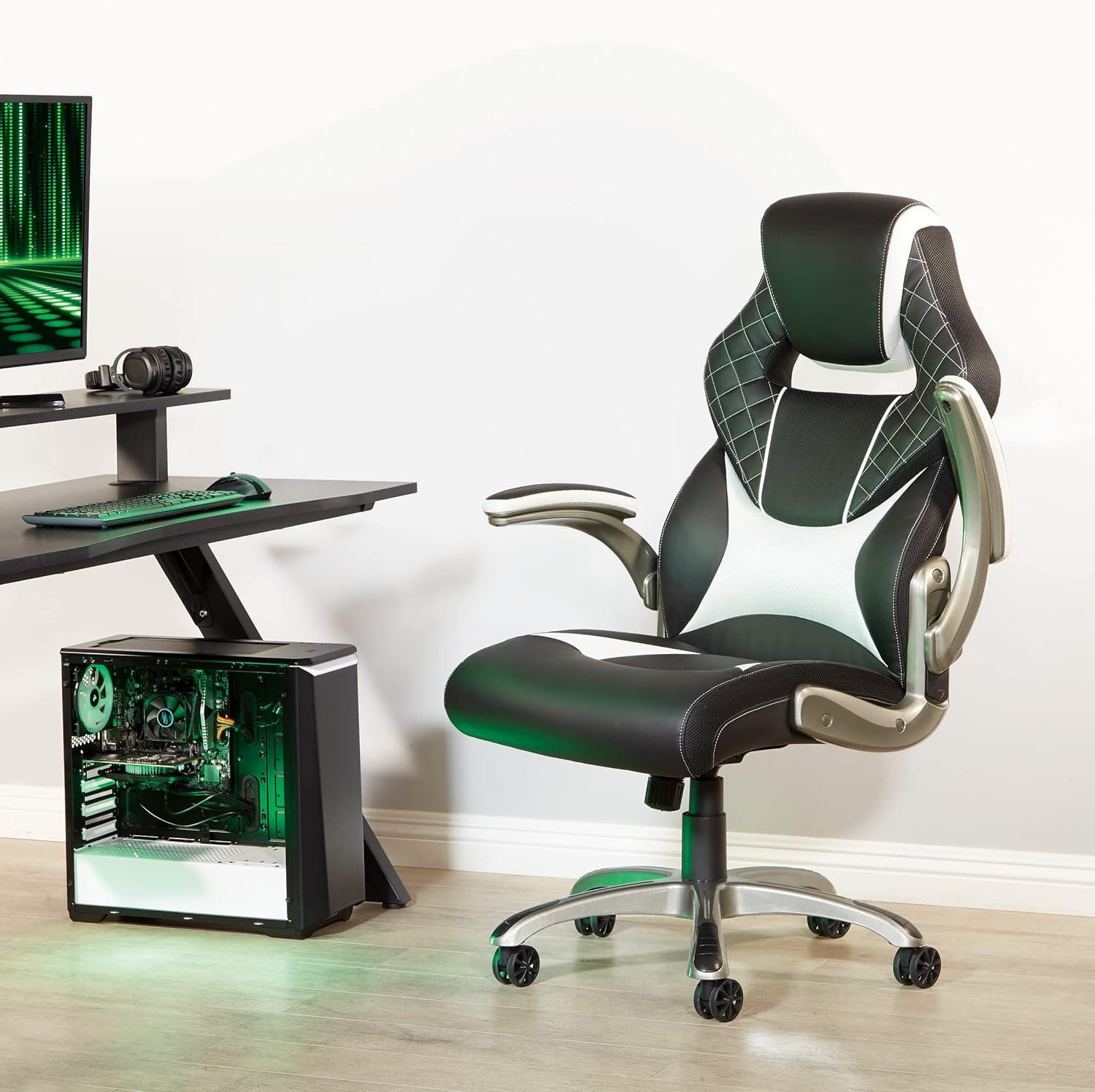 Oversite Gaming Chair in Black Faux Leather with White Accents