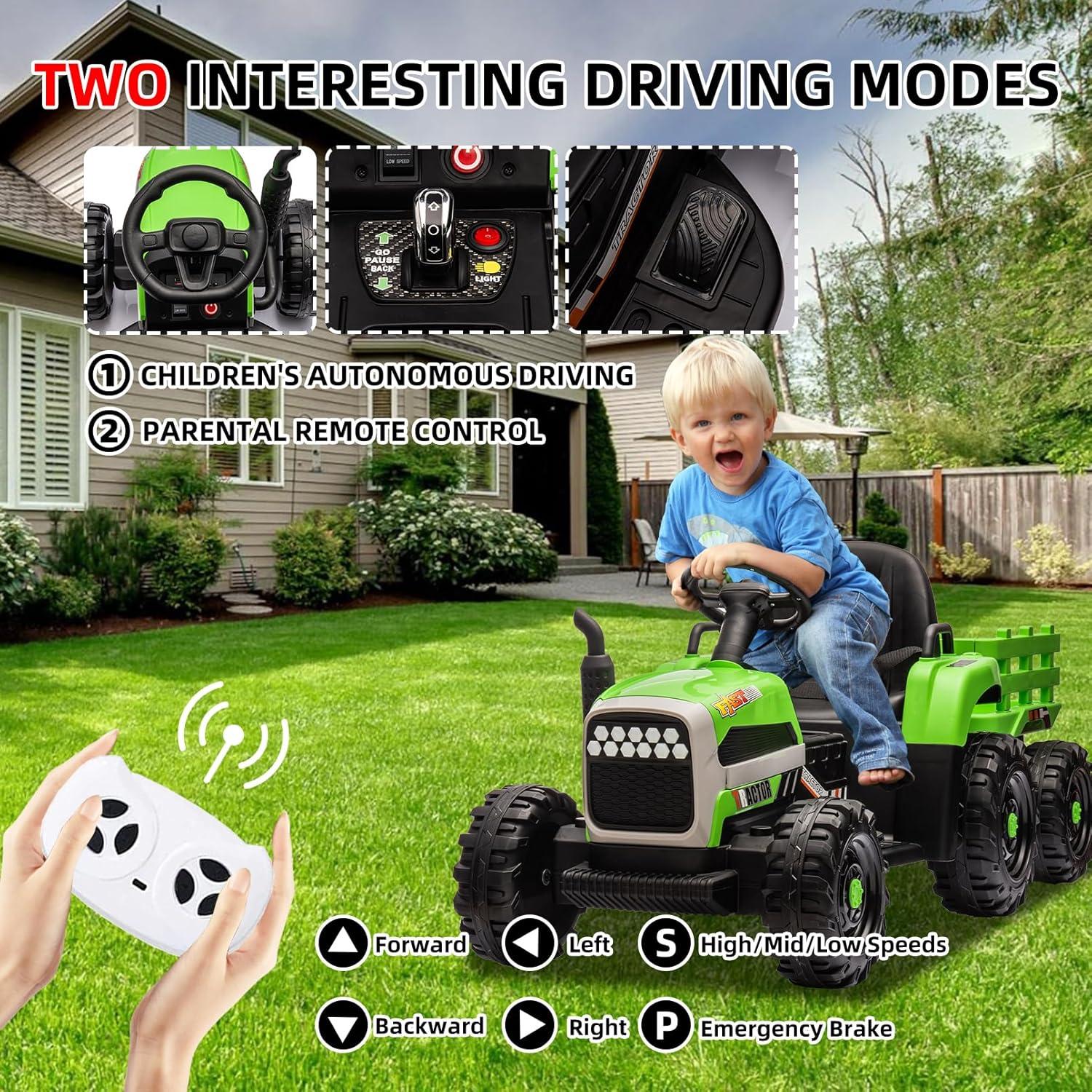 HNH 12V Ride on Tractor with Trailer,12V Battery Powered Electric Tractor Toy with Remote Control,Electric Car for Kids,Three Speed Adjustable,Power Display, Bluetooth,LED Light