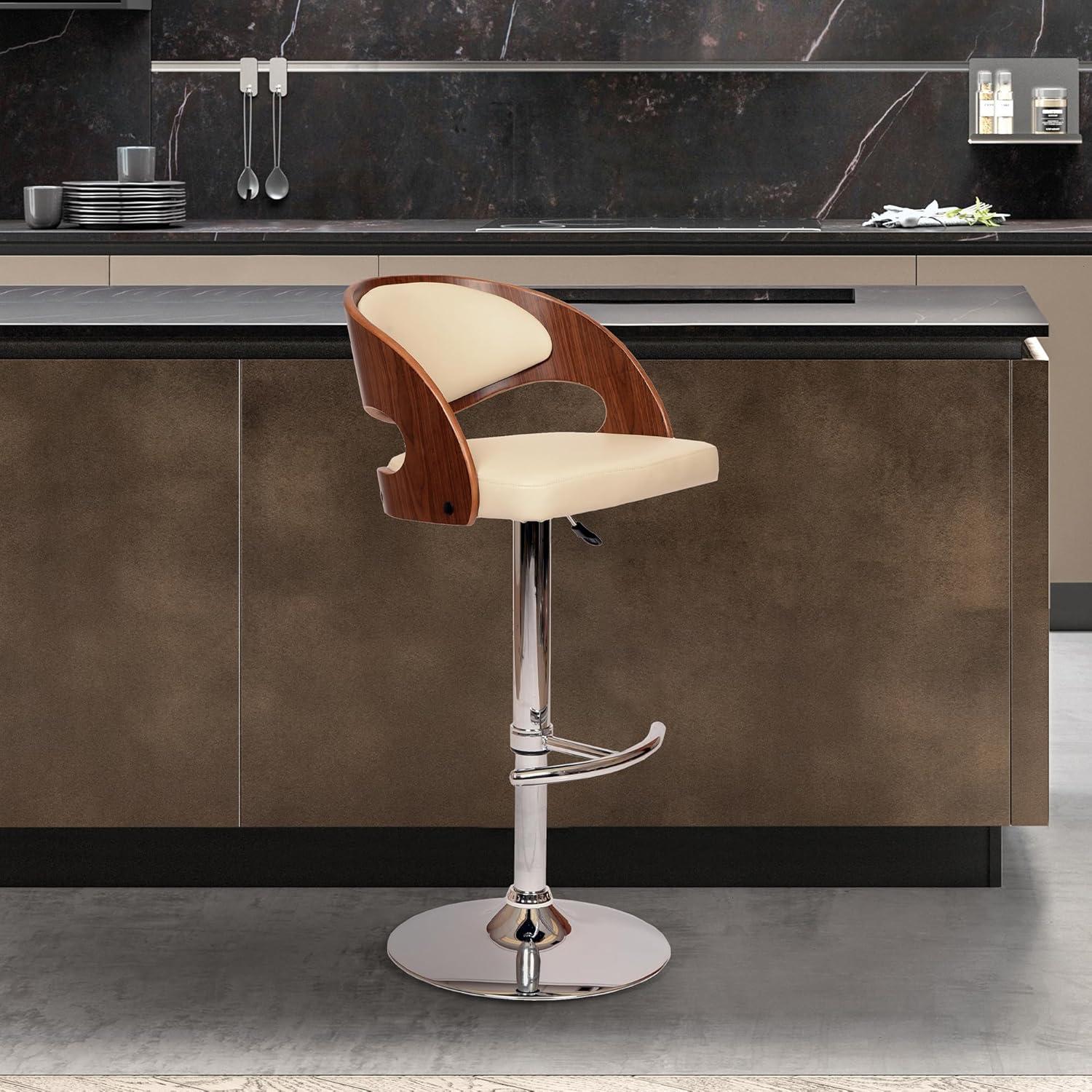 Malibu Swivel Barstool In Cream PU/ Walnut Veneer and Chrome Base