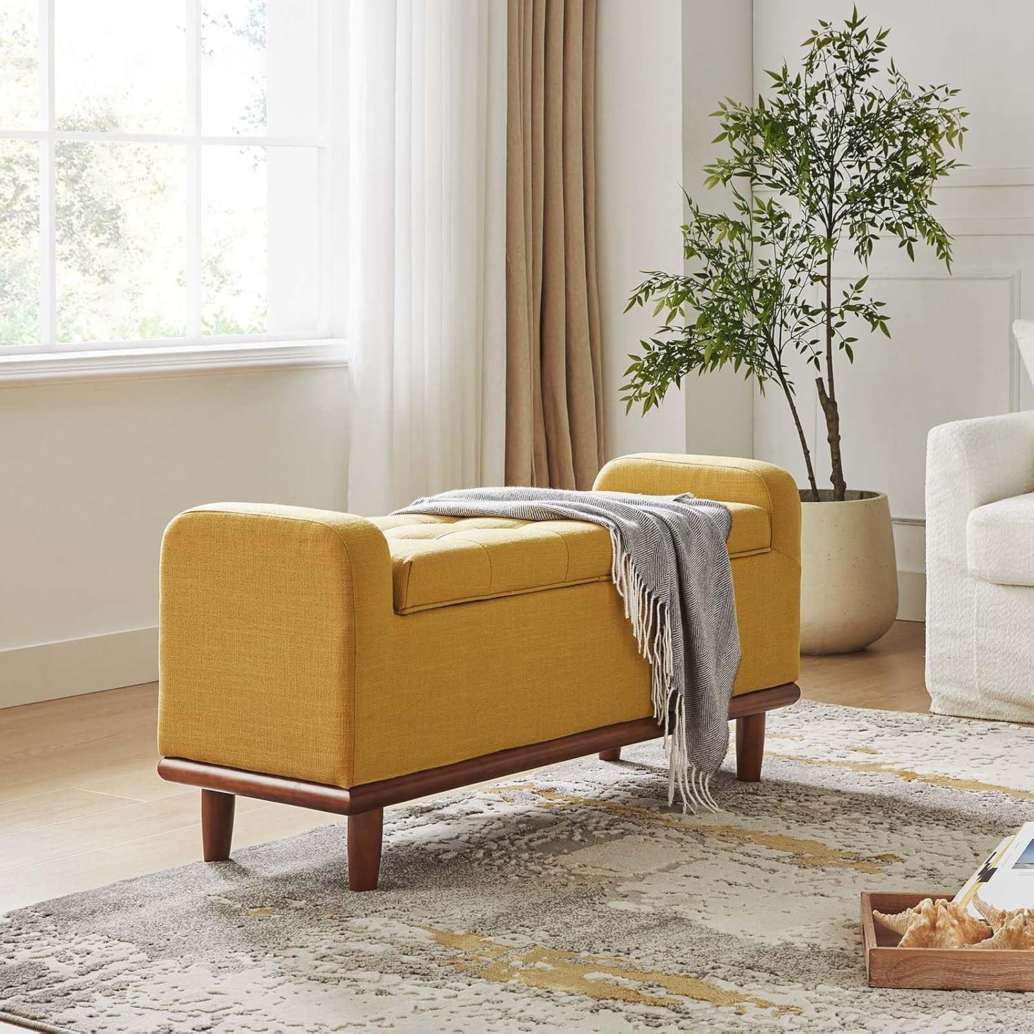 Mustard Upholstered Storage Bench with Walnut Wood Legs