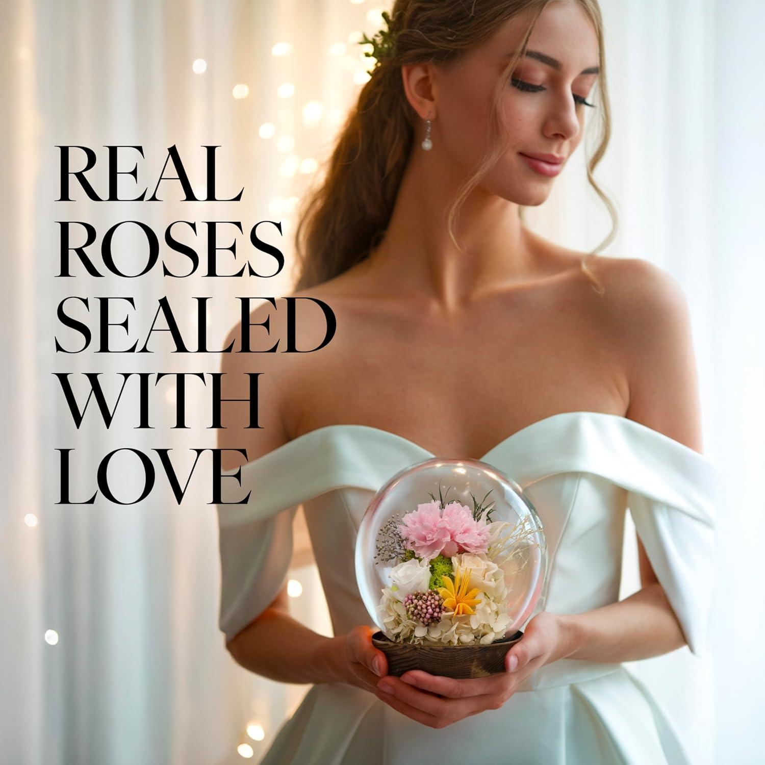 Preserved Flowers Rose in Glass Dome w/Light - Long Lasting Flowers, Flower Gifts for Women for Any Occasion - Home Decor, Comes w/Thick Gift Box - Glass Rose Flowers - White/Pink