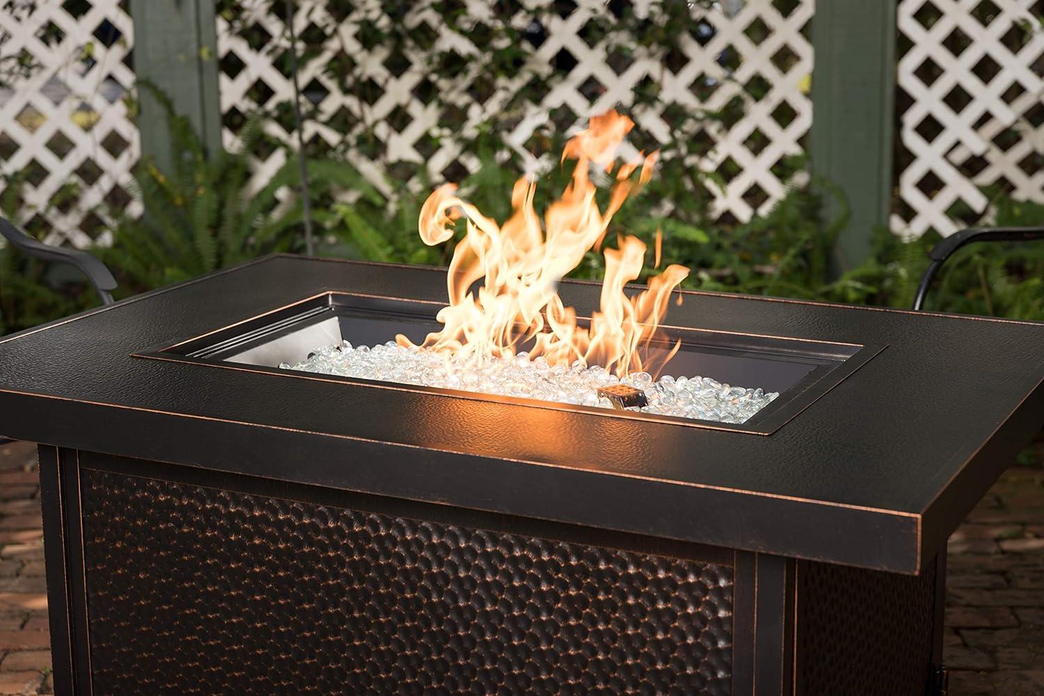 Fire Sense 48” Weyland Hammered Aluminum Gas Fire Pit 55,000 BTU Multi-Functional - Protective Cover and Clear Fire Glass - Rectangle - Bronze Finish