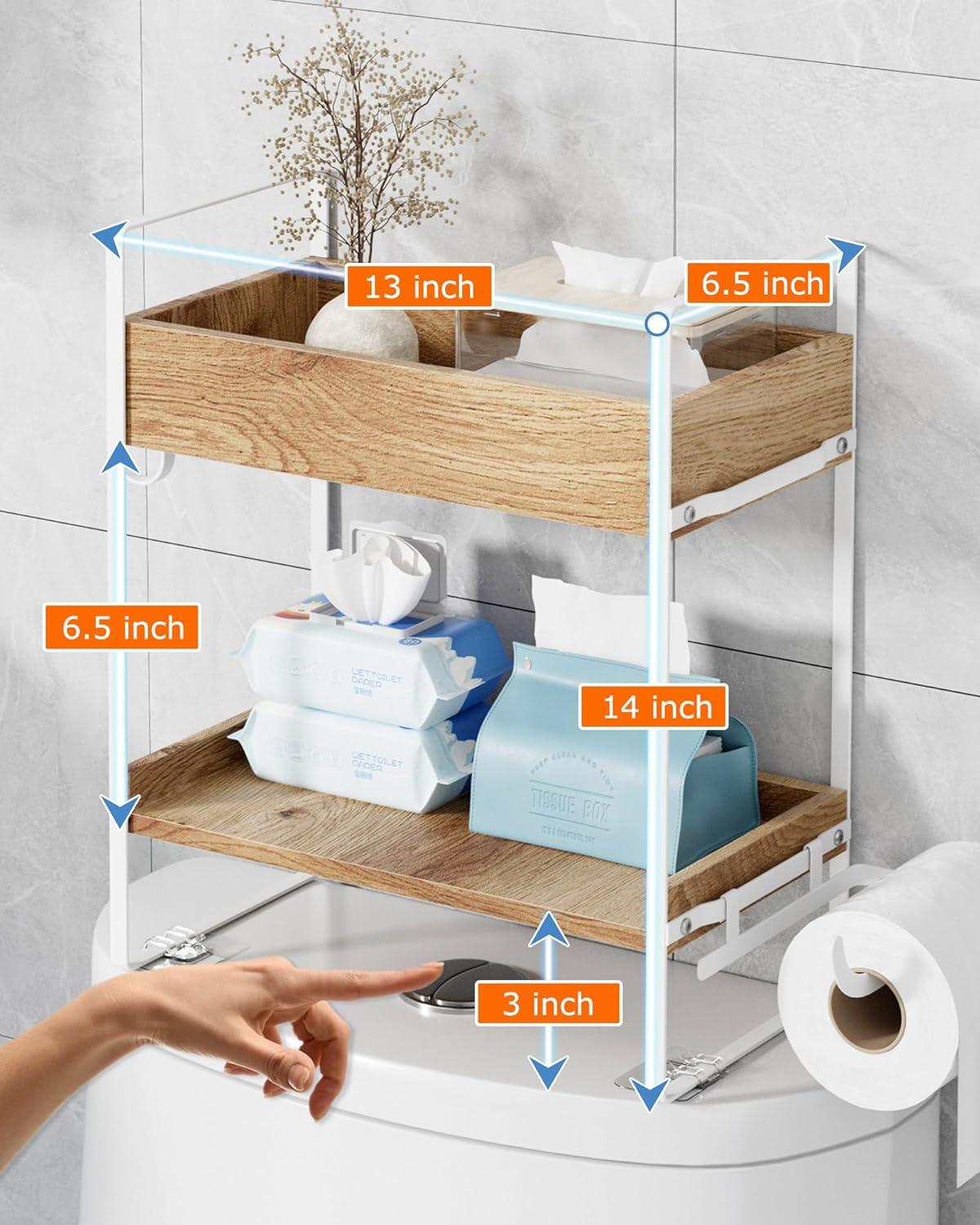 FLOLXNB Over The Toilet Storage Shelf, 2-Tier Bathroom Storage Organizer Upgrade Punch-Free Toliet Storage Shelf, Home Storage Rack with Hooks Shelf,White C30