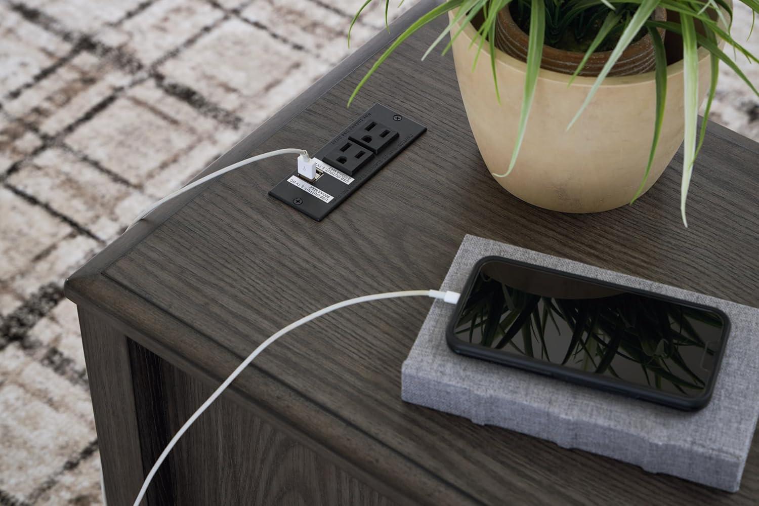 Gray Wood Rectangular End Table with Storage and USB Ports