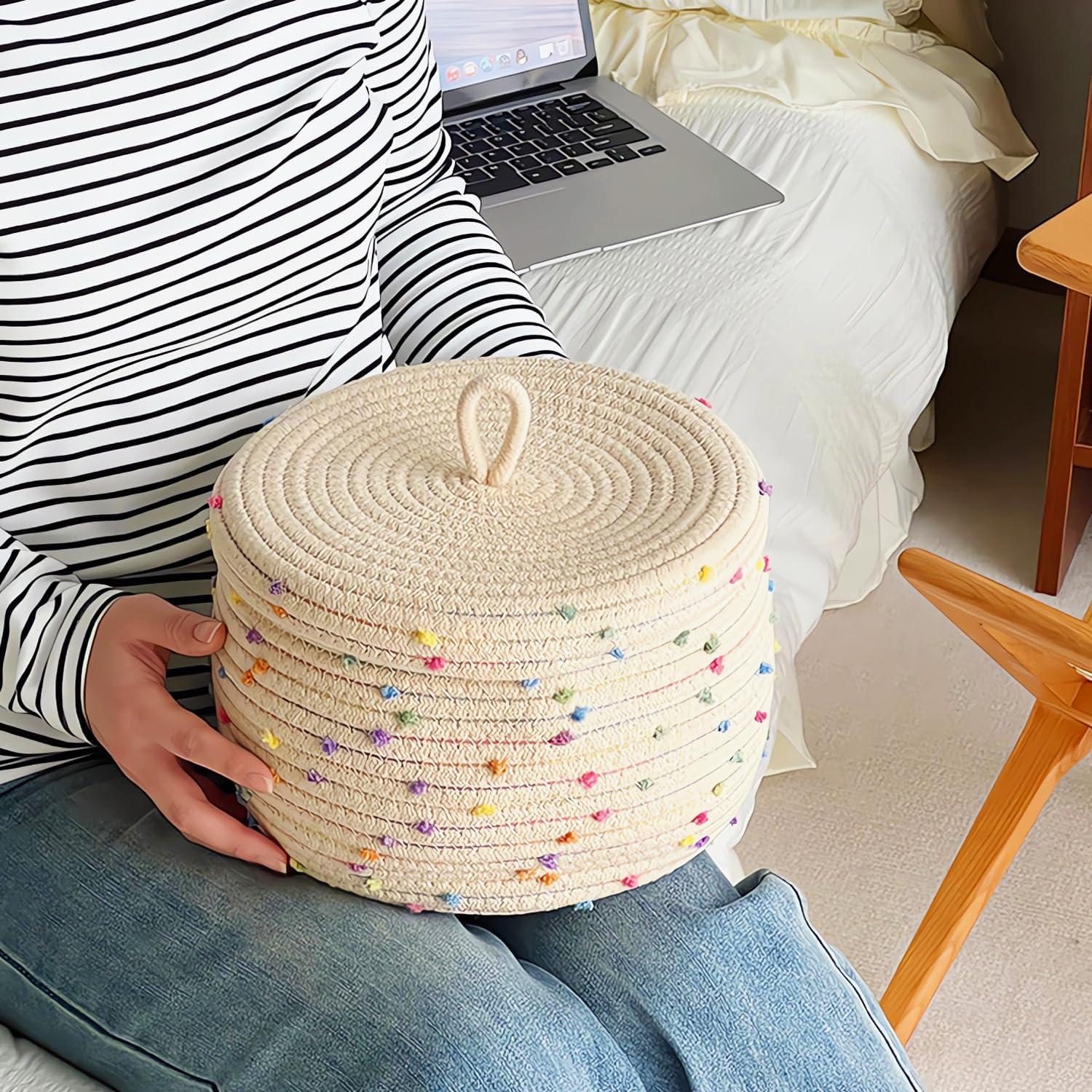 Small Beige Cotton Rope Basket with Lid and Rainbow Pompoms