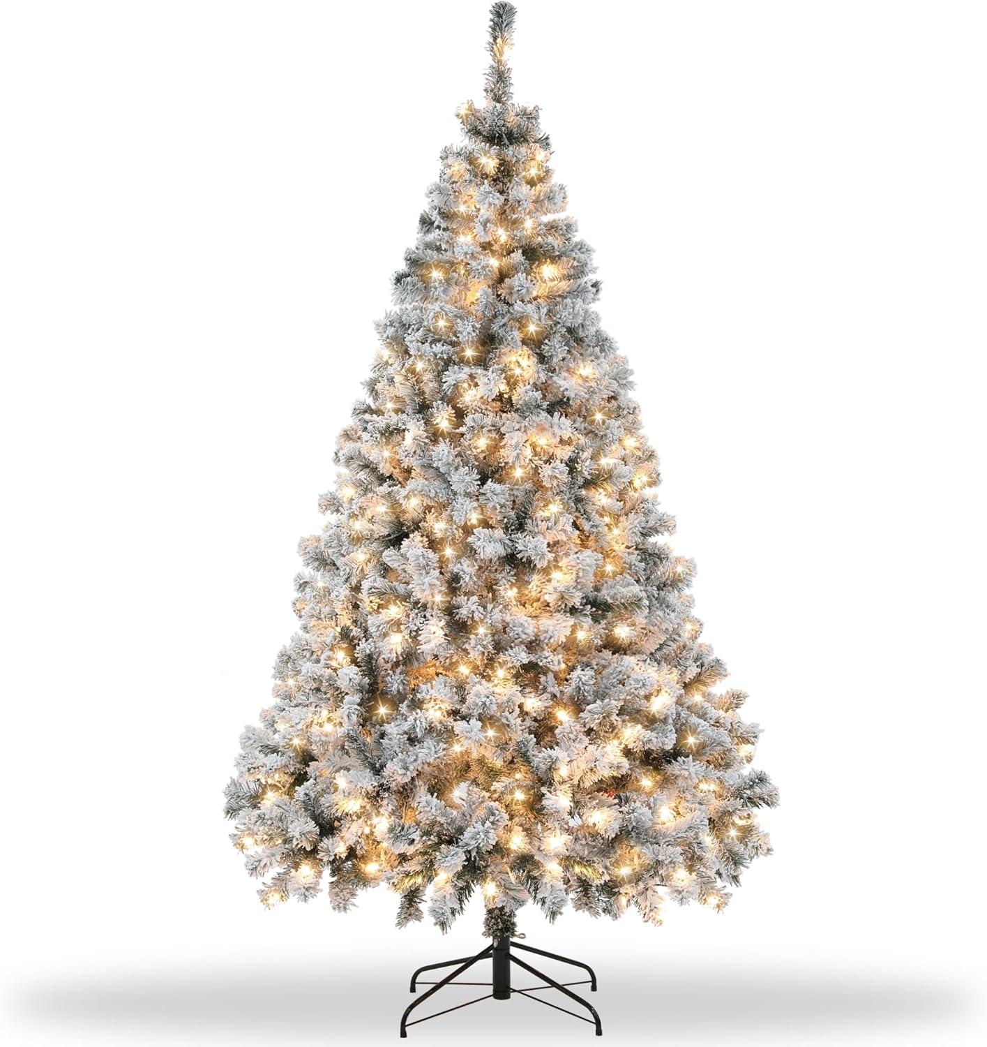 6FT Prelit Christmas Tree with Lights, Snow Flocked Artificial Christmas Tree with 250 Warm White LED Lights, 820 Branch Tips, Indoor Fake Xmas Tree for Home, Office, Party Decoration